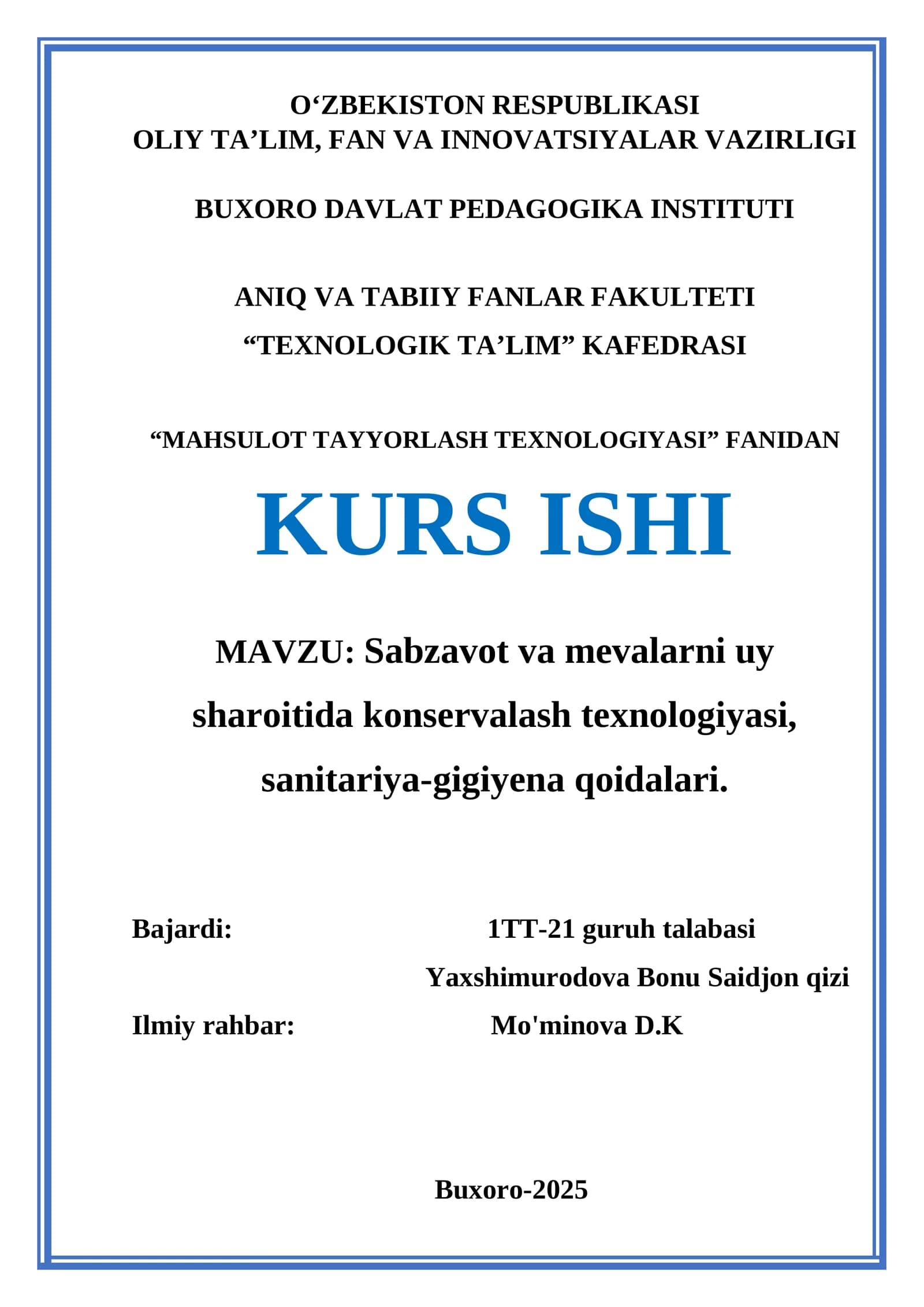 Sabzavot va mevalarni uy sharoitida konservalash texnologiyasi