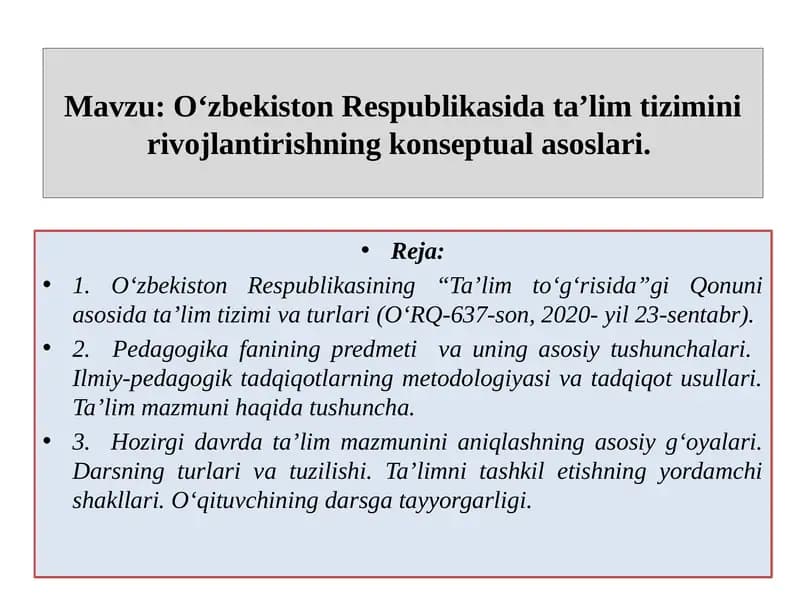 Oʻzbekiston Respublikasida taʼlim tizimini rivojlantirishning konseptual asoslari
