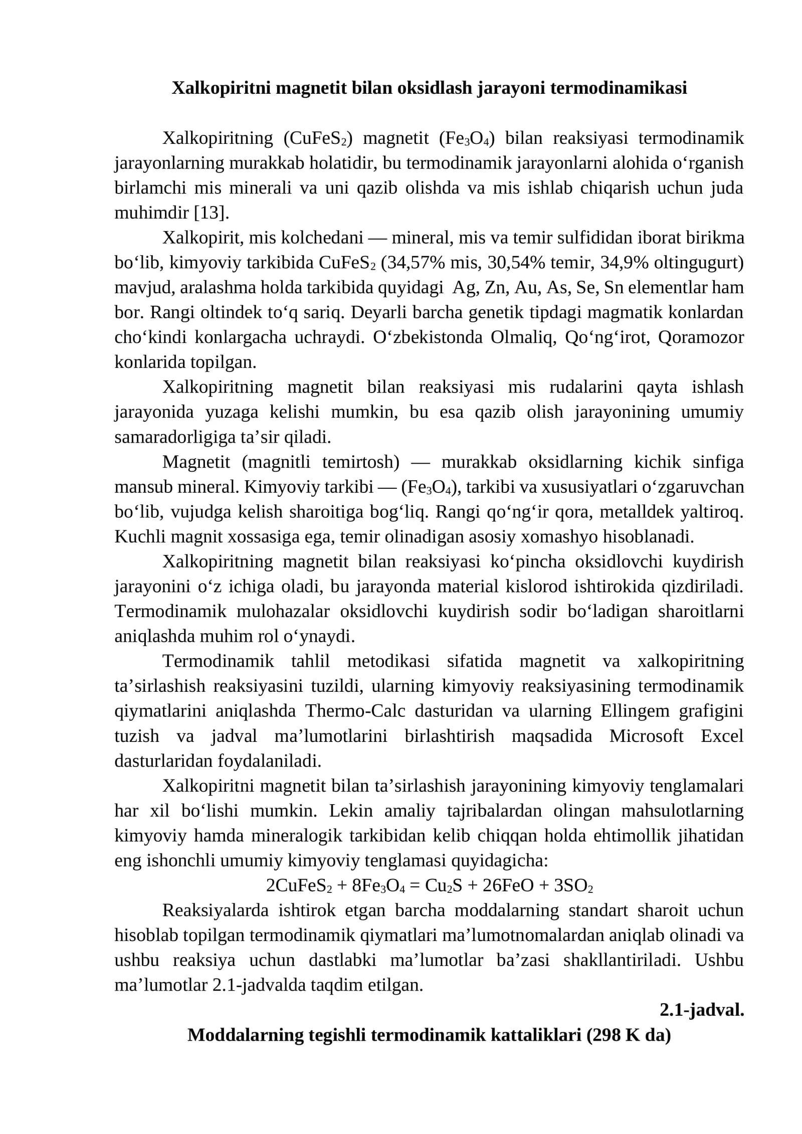 Xalkopiritni magnetit bilan oksidlash jarayoni termodinamikasi