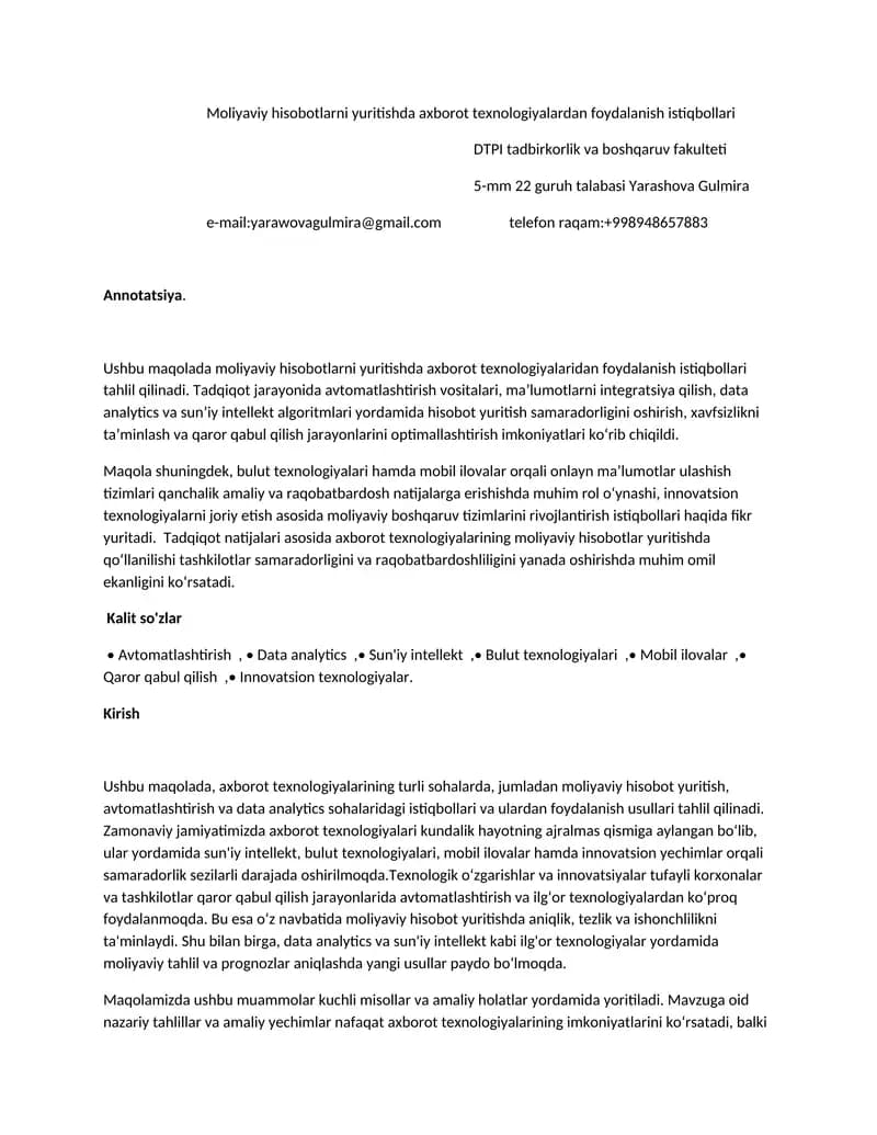 Moliyaviy hisobotlarni yuritishda axborot texnologiyalardan foydalanish istiqbollari