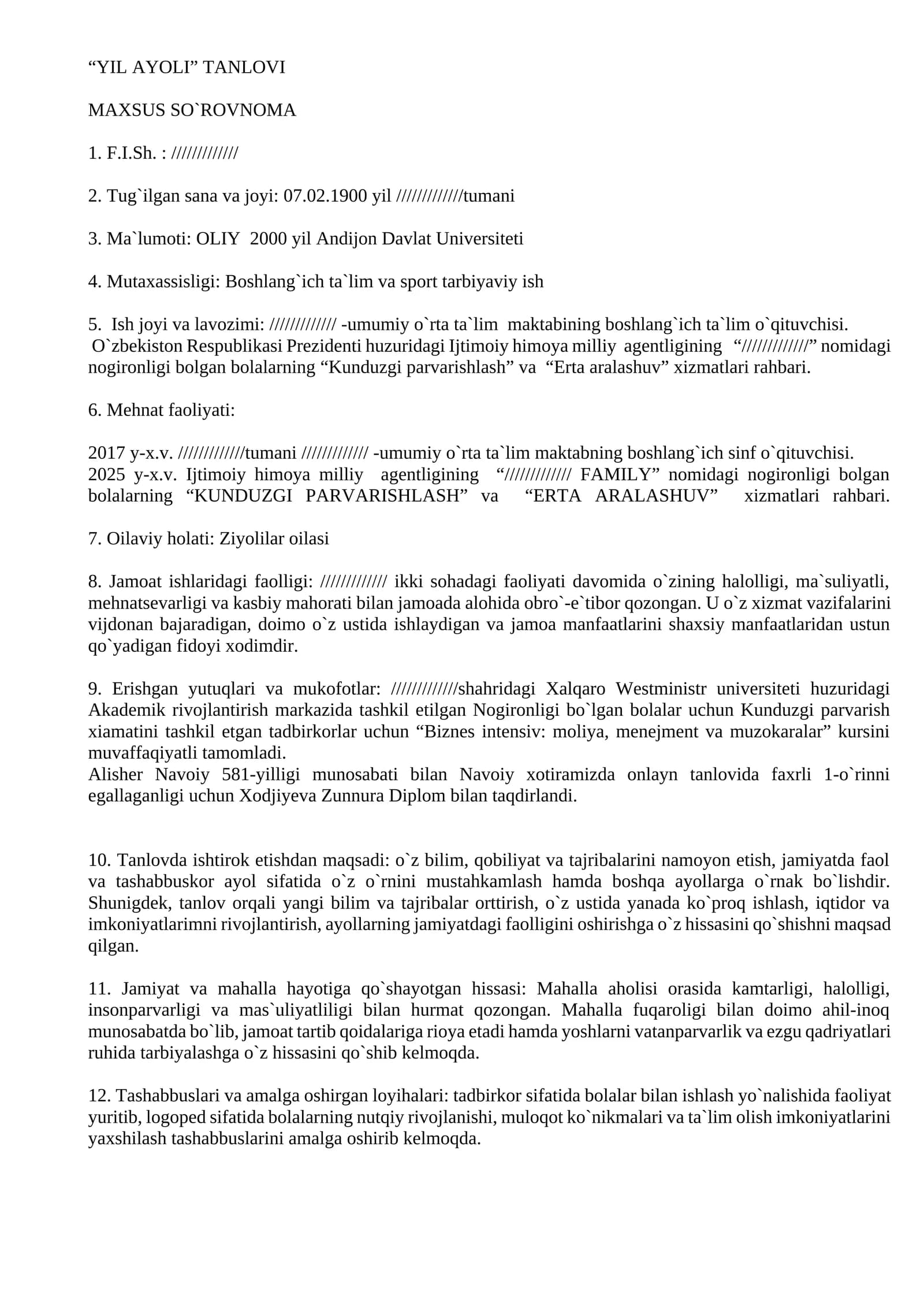 MAXSUS SO`ROVNOMA