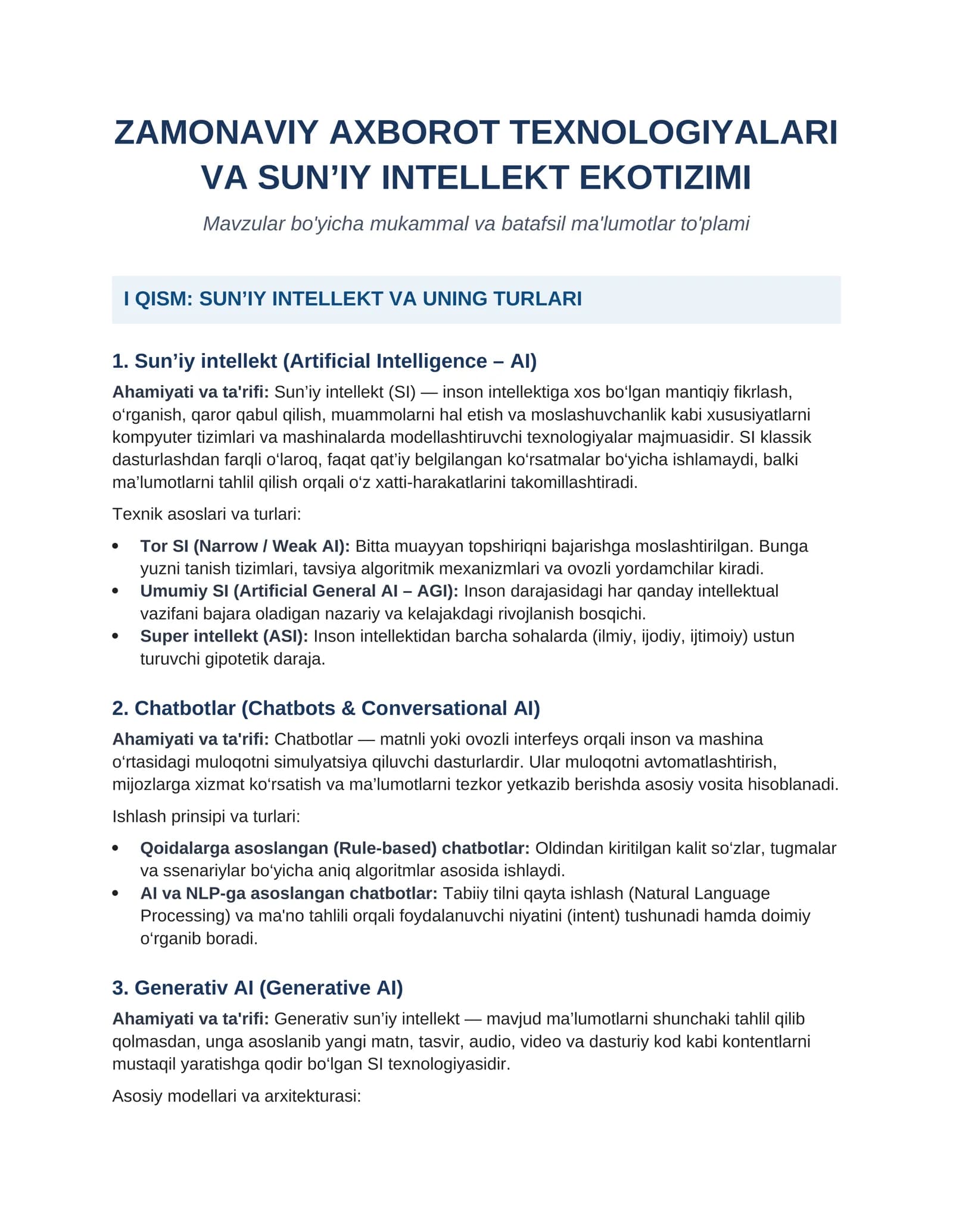 ZAMONAVIY AXBOROT TEXNOLOGIYALARI VA SUN’IY INTELLEKT EKOTIZIMI
