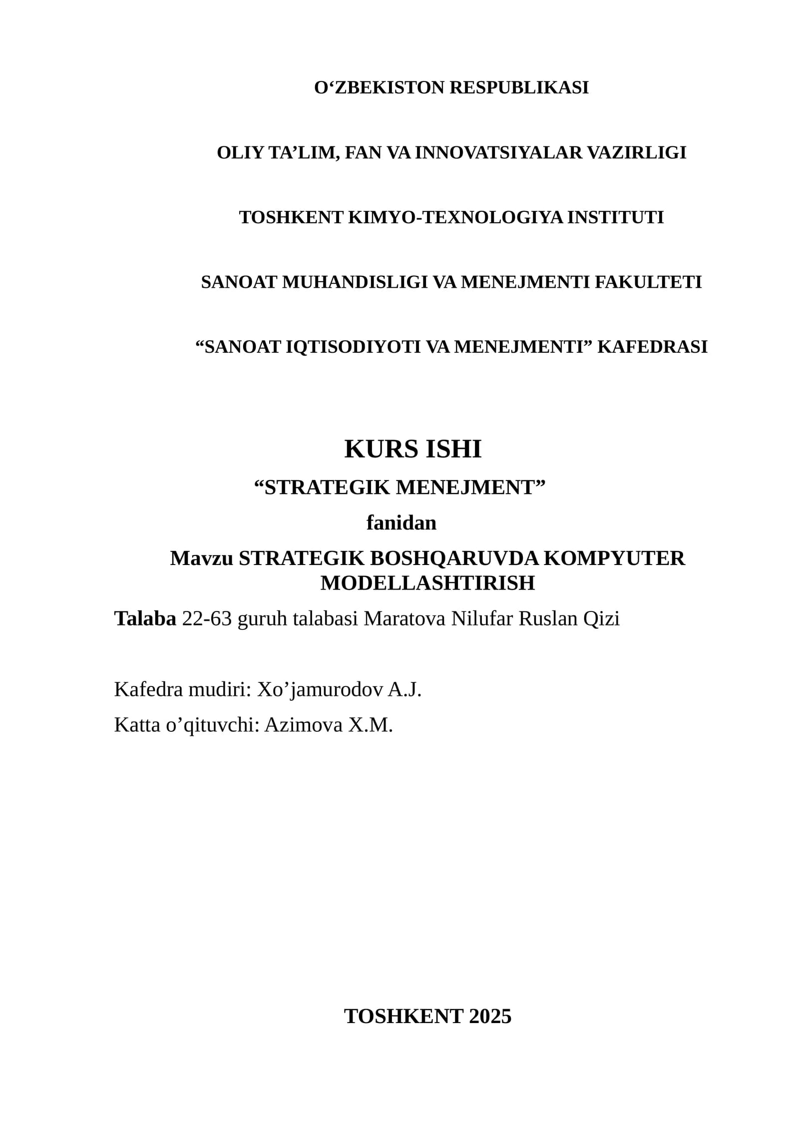 STRATEGIK BOSHQARUVDA KOMPYUTER MODELLASHTIRISH