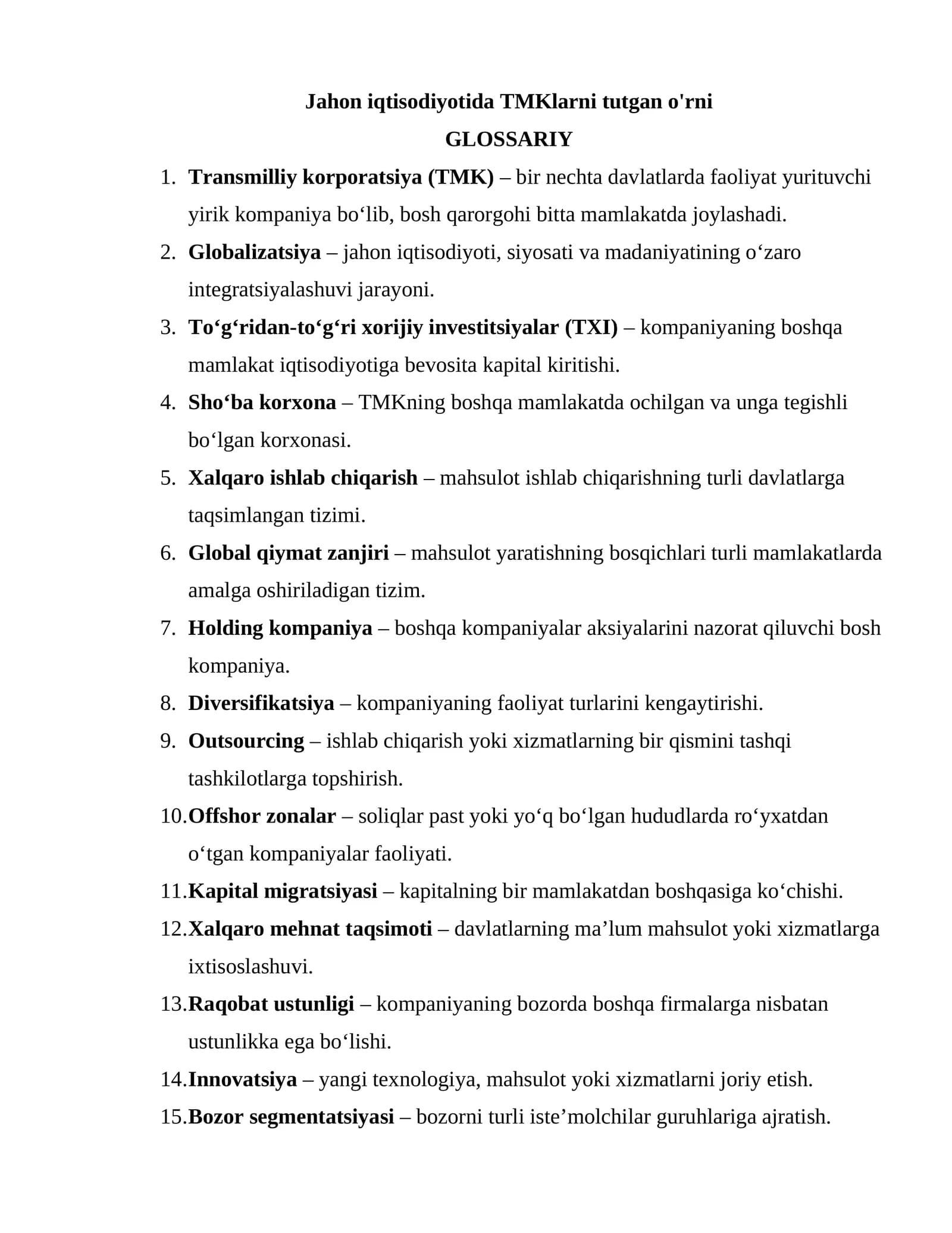 Transmilliy Korporatsiya (TMK) Jahon Iqtisodiyoti