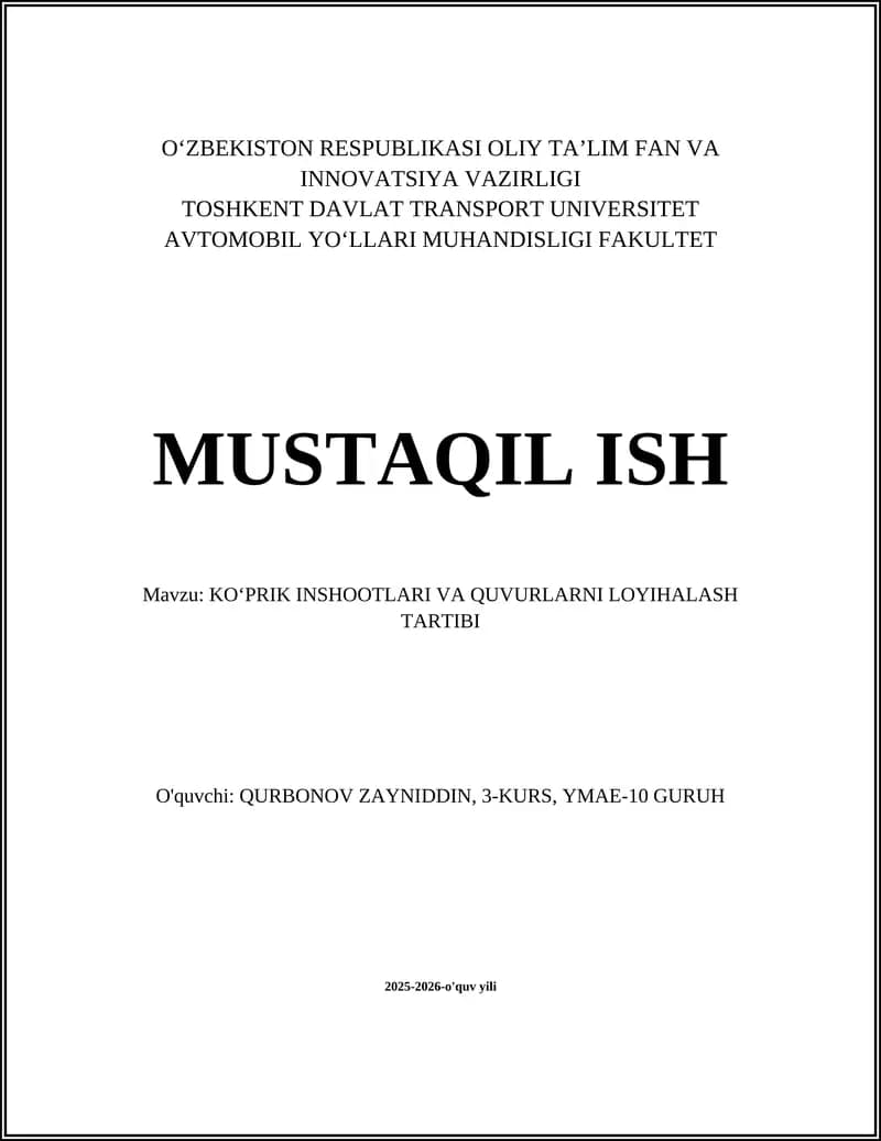 KOʻPRIK INSHOOTLARI VA QUVURLARNI LOYIHALASH TARTIBI