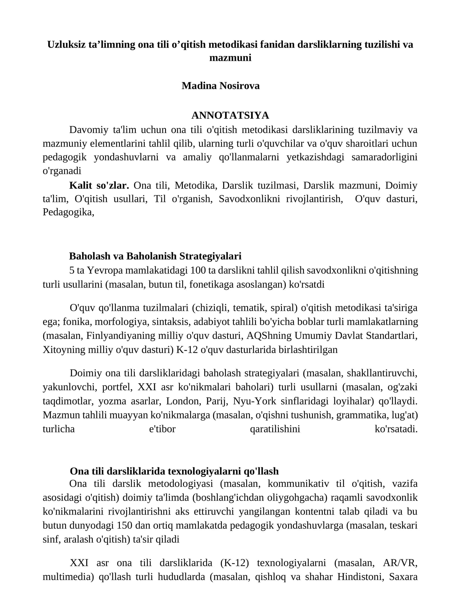 Uzluksiz ta’limning ona tili o’qitish metodikasi fanidan darsliklarning tuzilishi va mazmuni