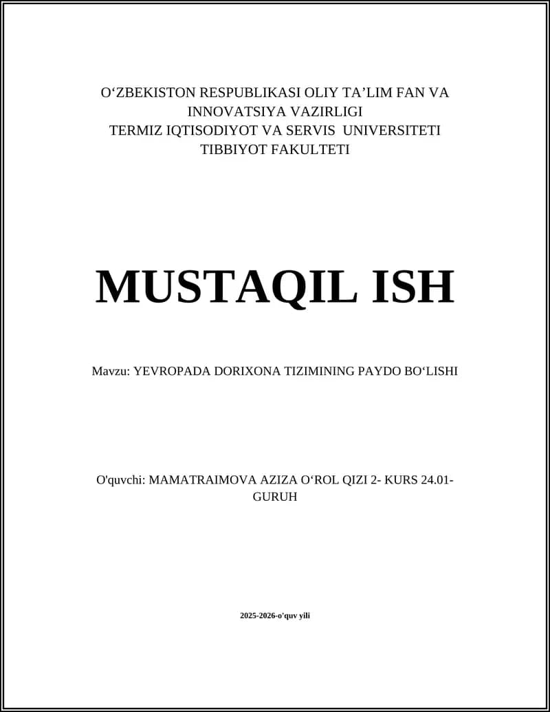 YEVROPADA DORIXONA TIZIMINING PAYDO BOʻLISHI