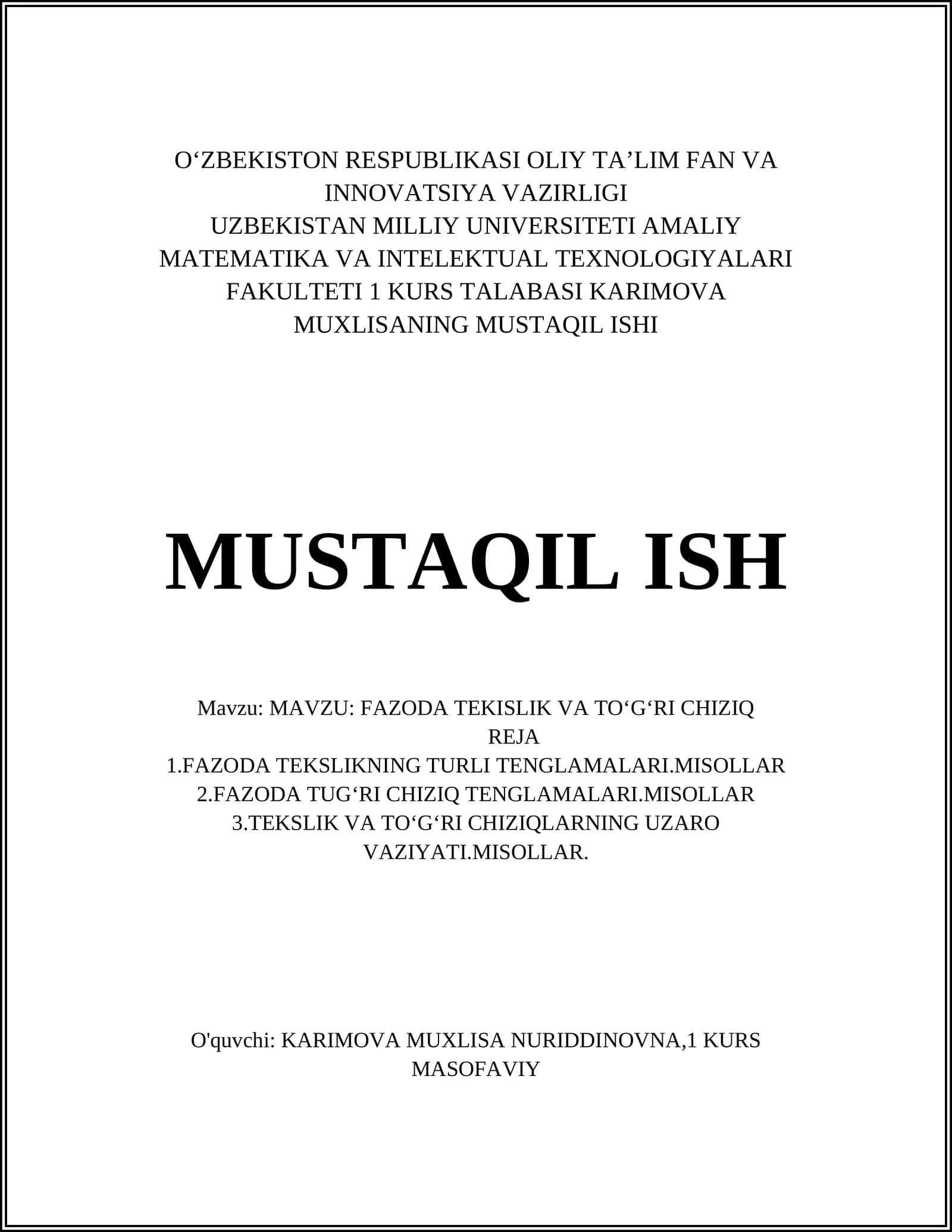 Fazoda tekislikning umumiy tenglamasi