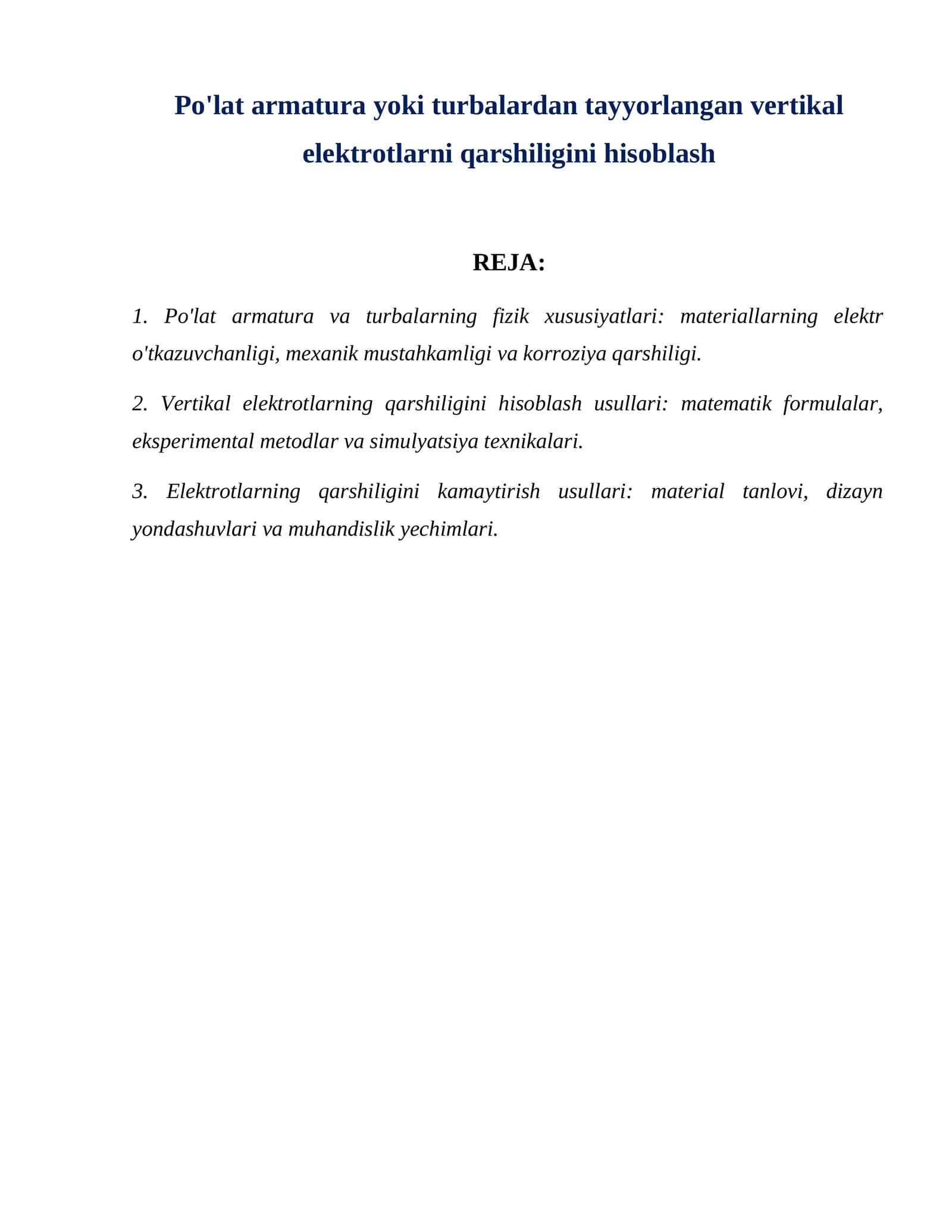 Po'lat armatura yoki turbalardan tayyorlangan vertikal elektrotlarni qarshiligini hisoblash
