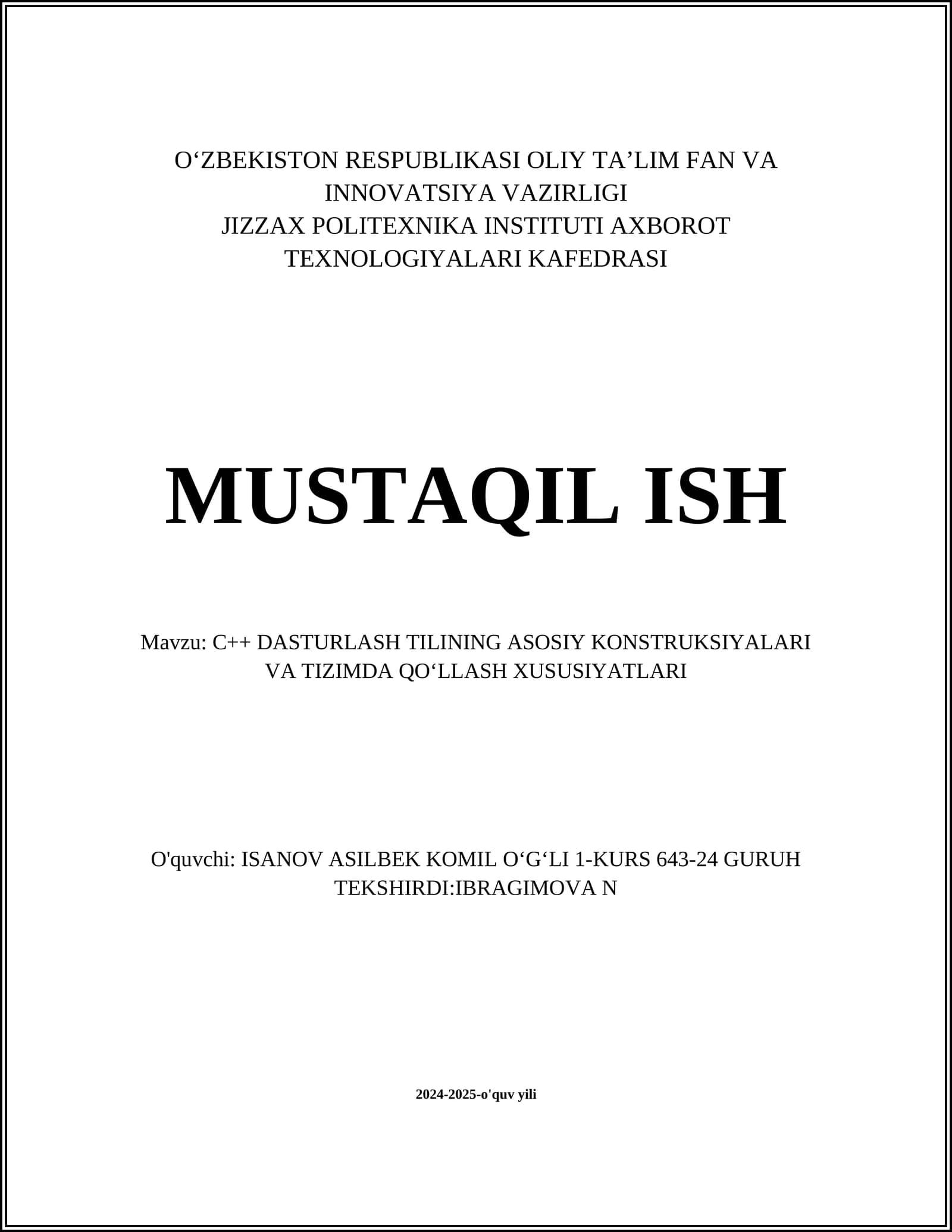 C++ DASTURLASH TILINING ASOSIY KONSTRUKSIYALARI VA TIZIMDA QOʻLLASH XUSUSIYATLARI