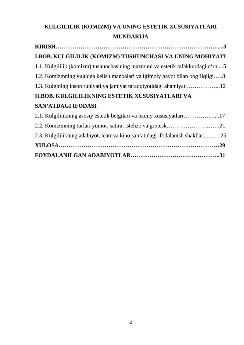 KULGILILIK (KOMIZM) VA UNING ESTETIK XUSUSIYATLARI