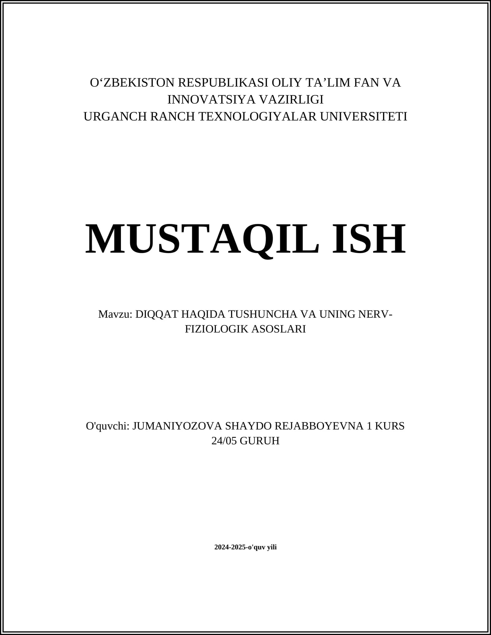 DIQQAT HAQIDA TUSHUNCHA VA UNING NERV-FIZIOLOGIK ASOSLARI