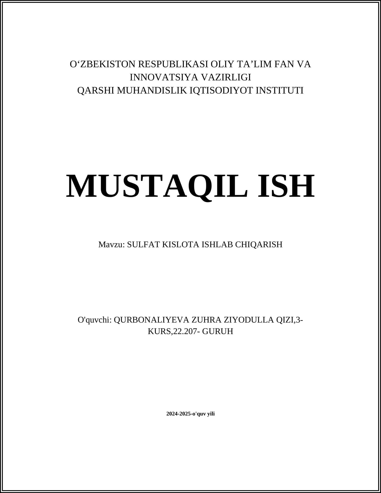SULFAT KISLOTA ISHLAB CHIQARISH