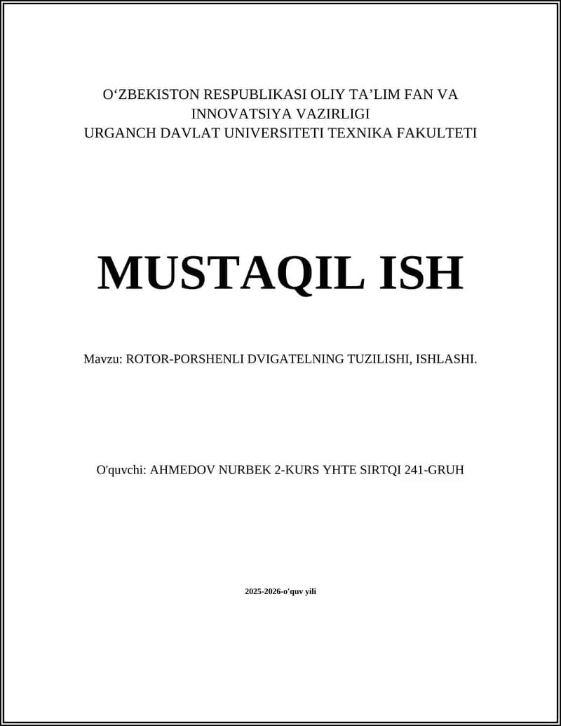 ROTOR-PORSHENLI DVIGATELNING TUZILISHI, ISHLASHI