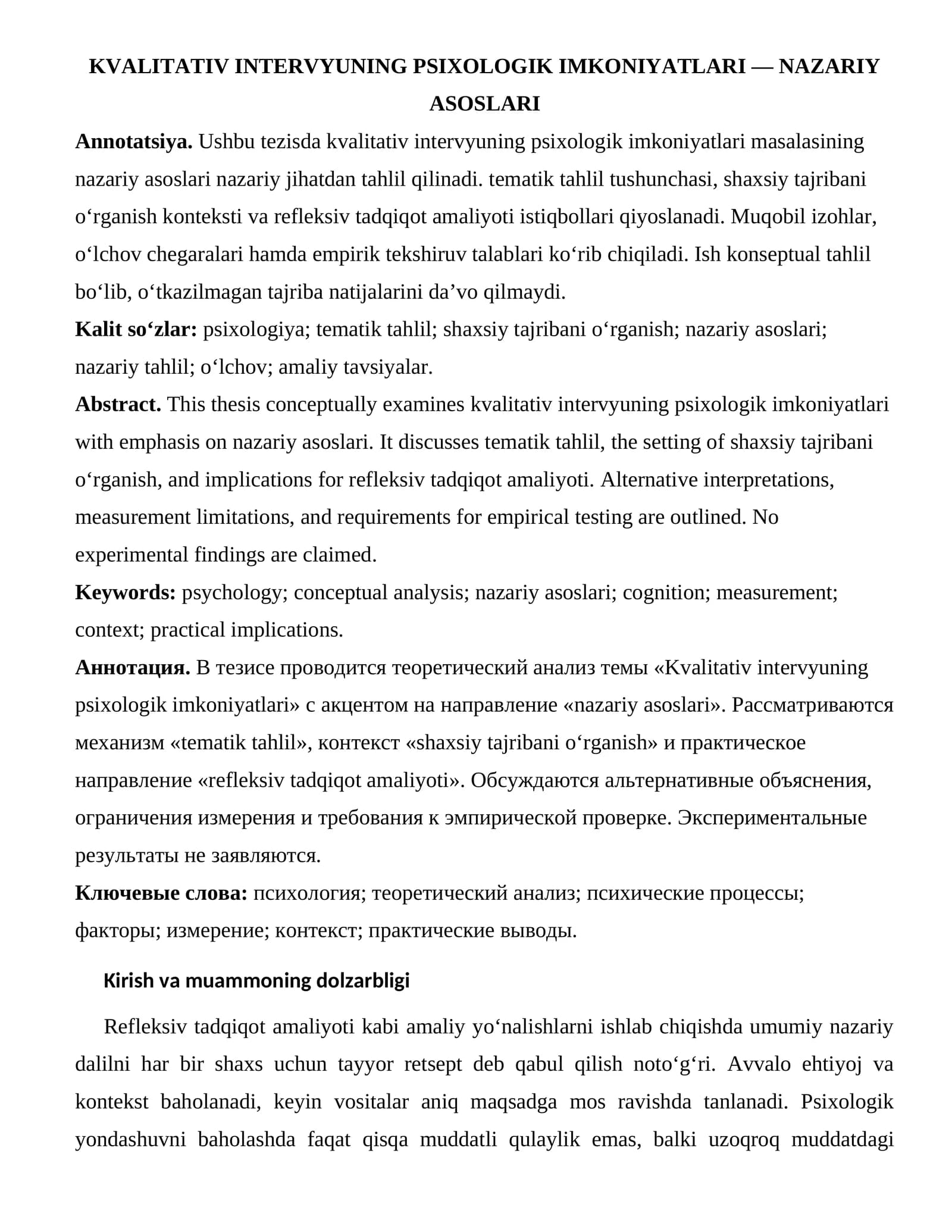 KVALITATIV INTERVYUNING PSIXOLOGIK IMKONIYATLARI — NAZARIY ASOSLARI