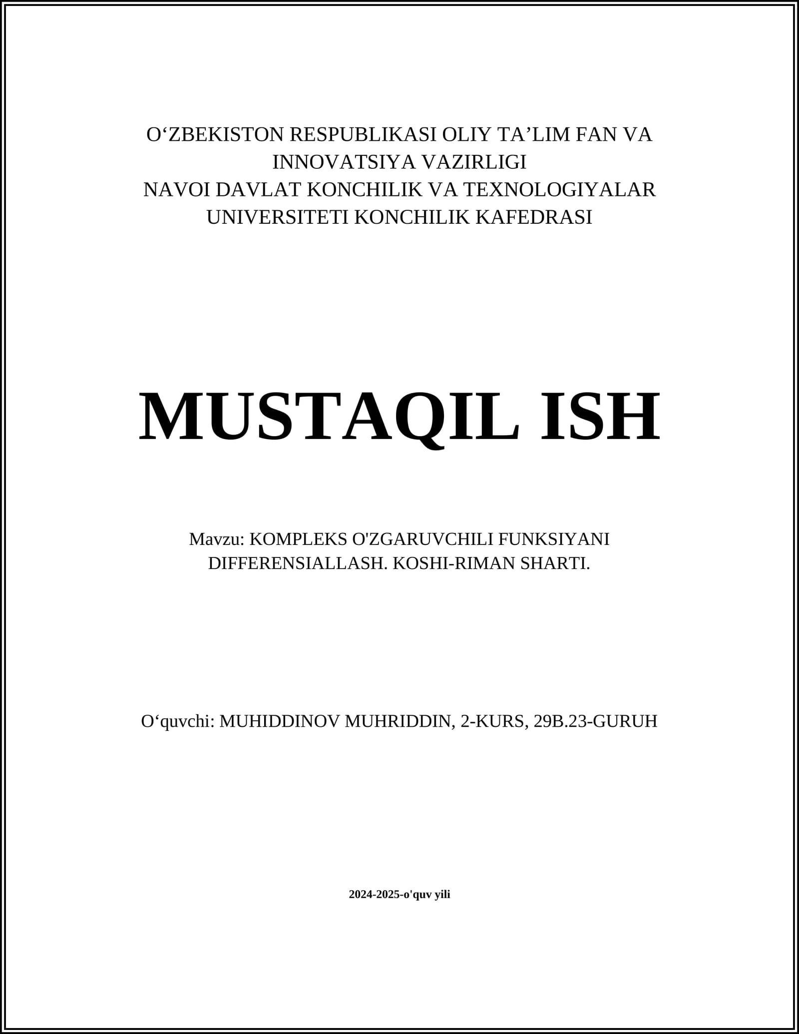 KOMPLEKS O'ZGARUVCHILI FUNKSIYANI DIFFERENSIALLASH. KOSHI-RIMAN SHARTI