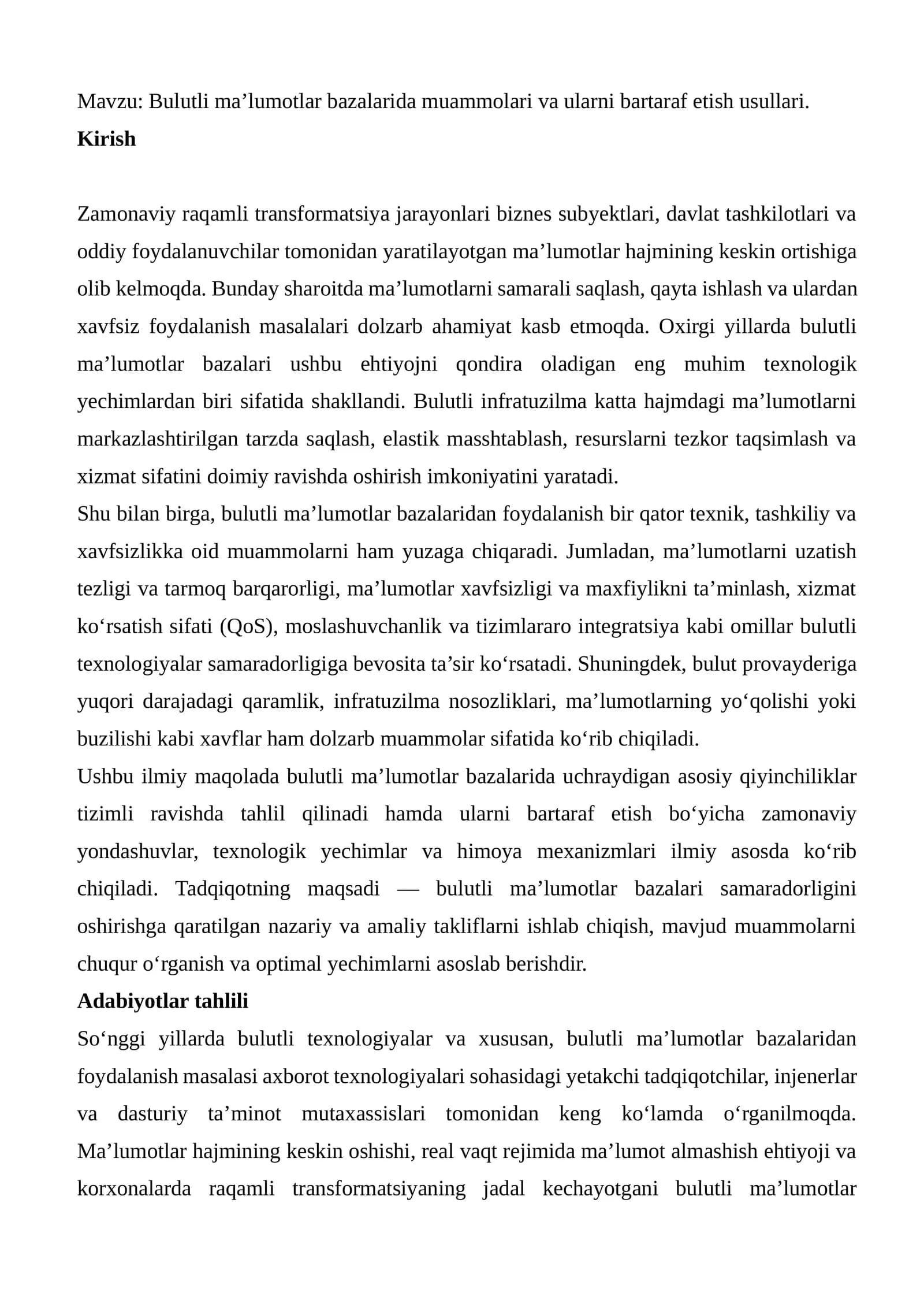 Bulutli ma’lumotlar bazalarida muammolari va ularni bartaraf etish usullari