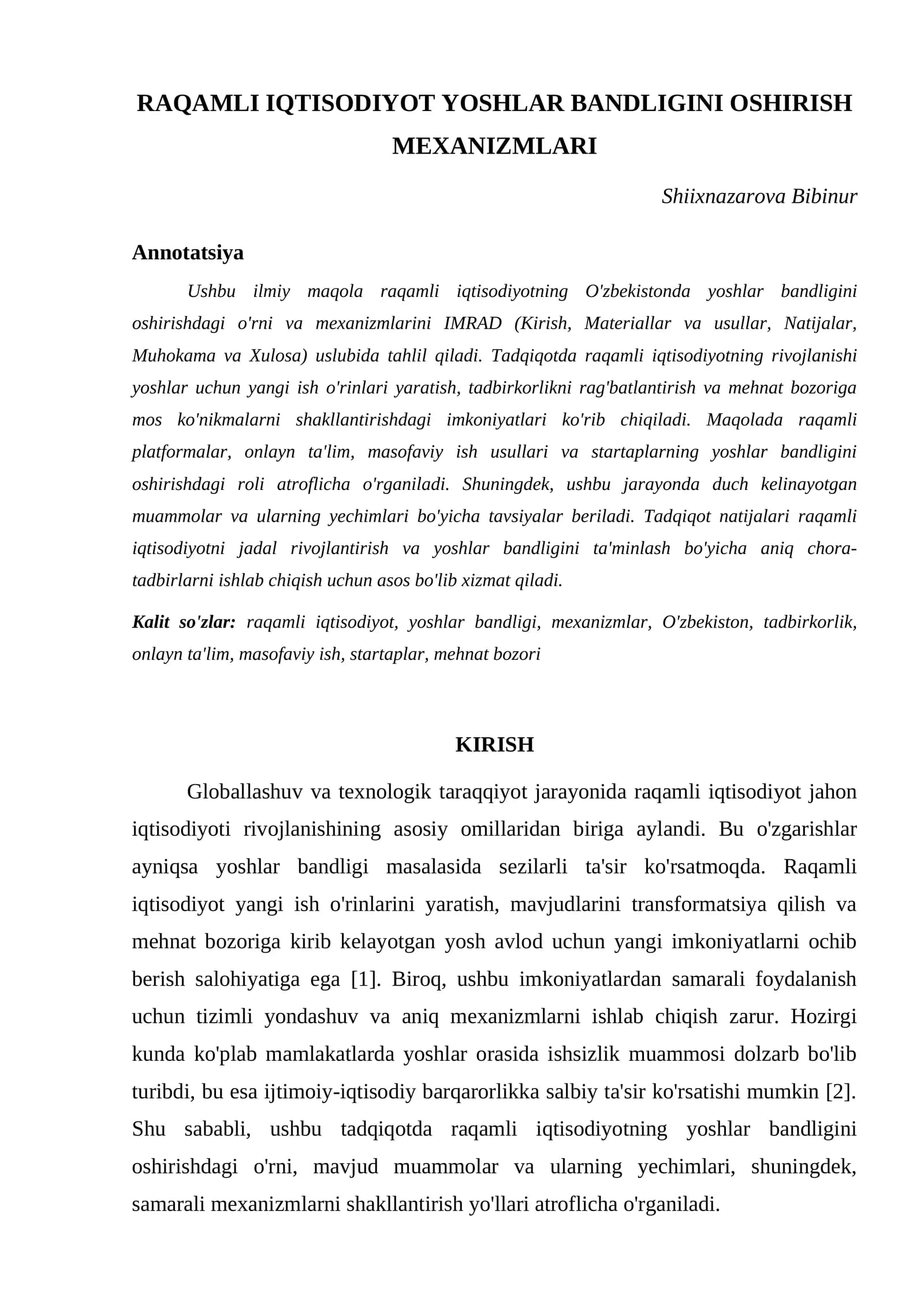 RAQAMLI IQTISODIYOT YOSHLAR BANDLIGINI OSHIRISH MEXANIZMLARI