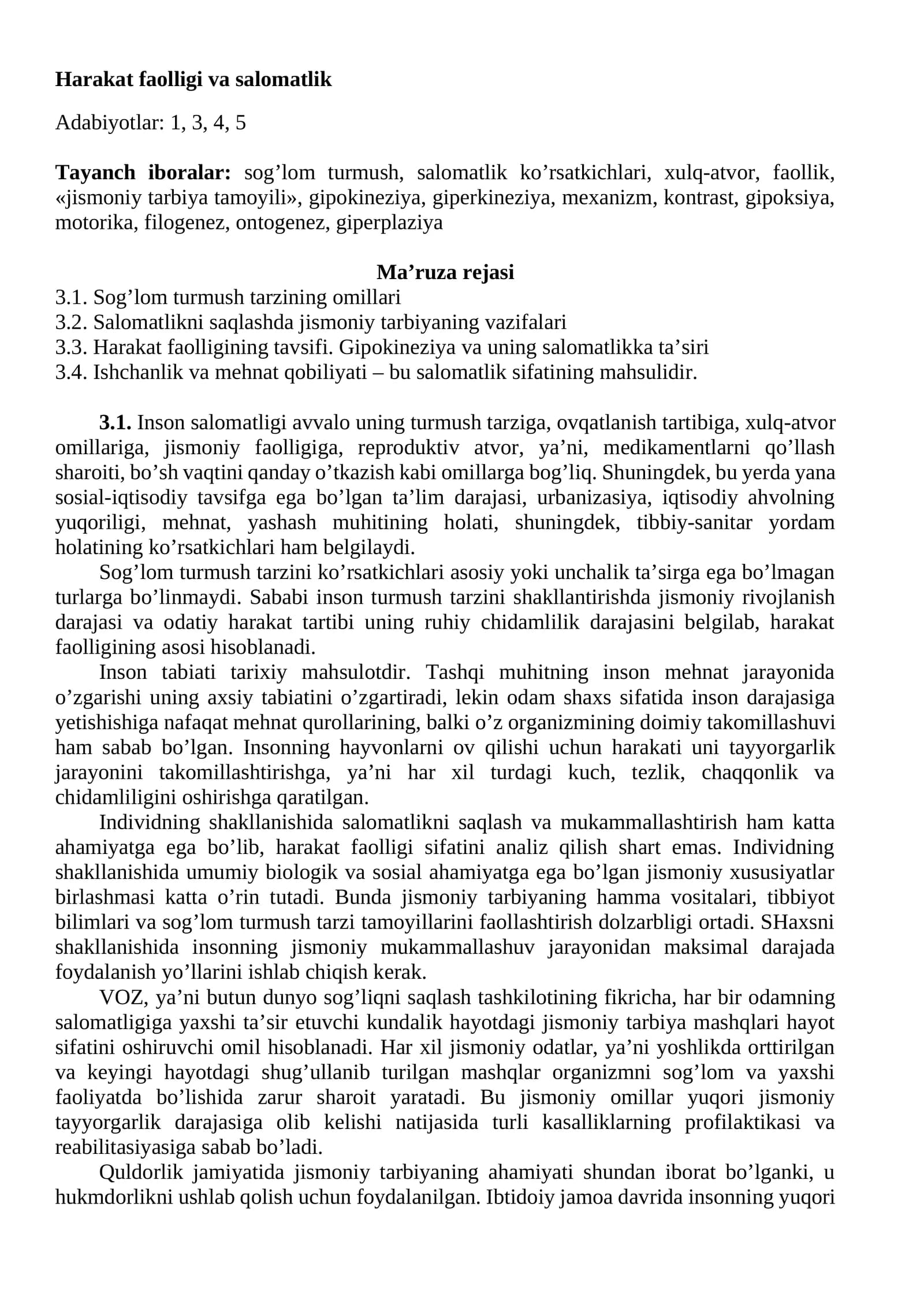 Hаrаkаt fаolligi vа sаlomаtlik