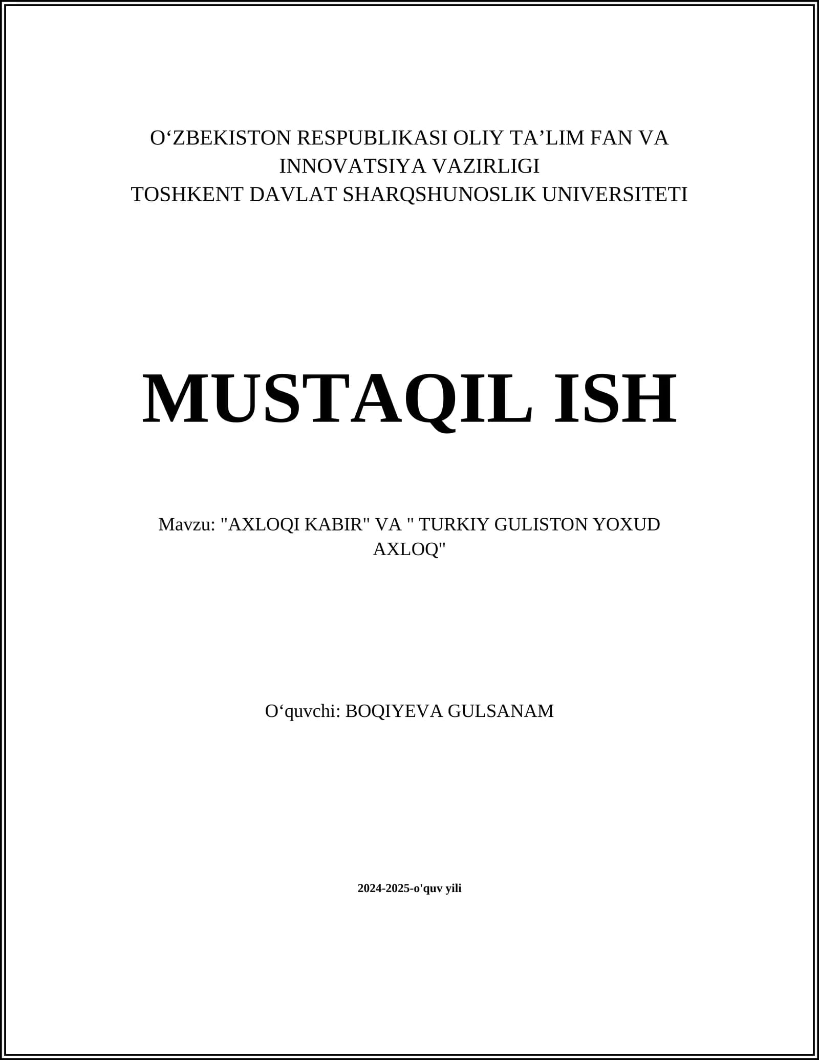 "AXLOQI KABIR" VA " TURKIY GULISTON YOXUD AXLOQ"