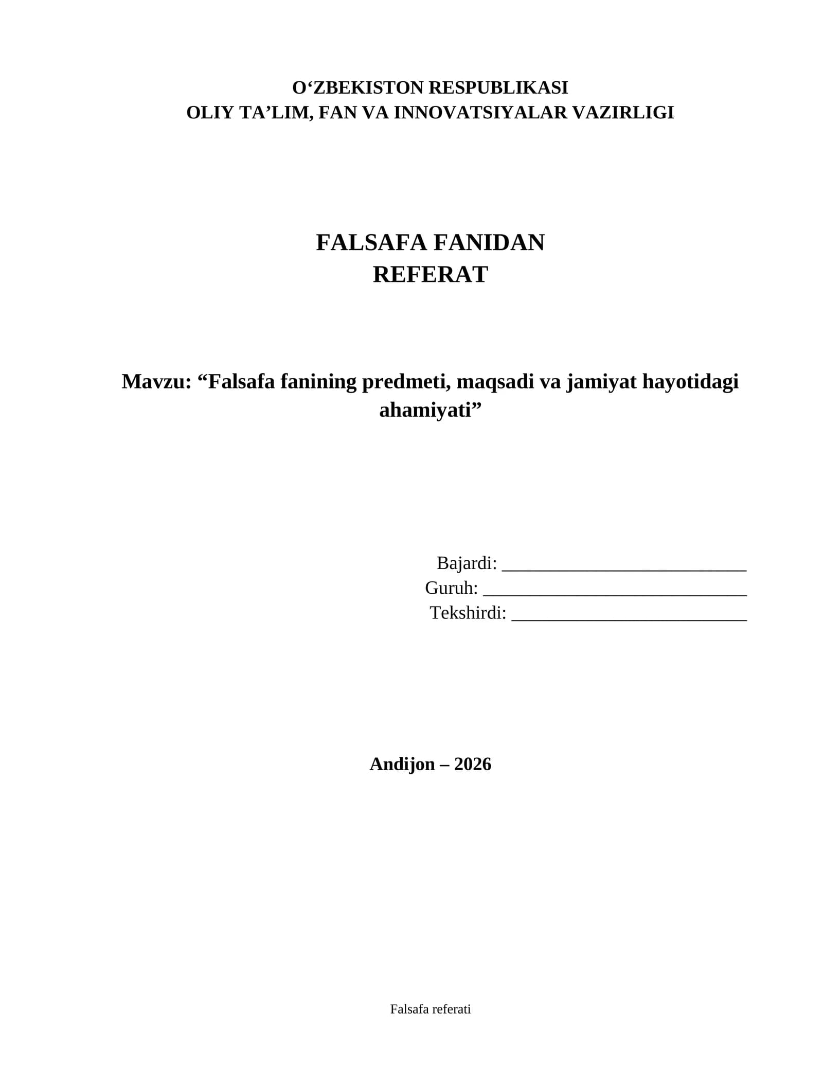 Falsafa fanidan referat