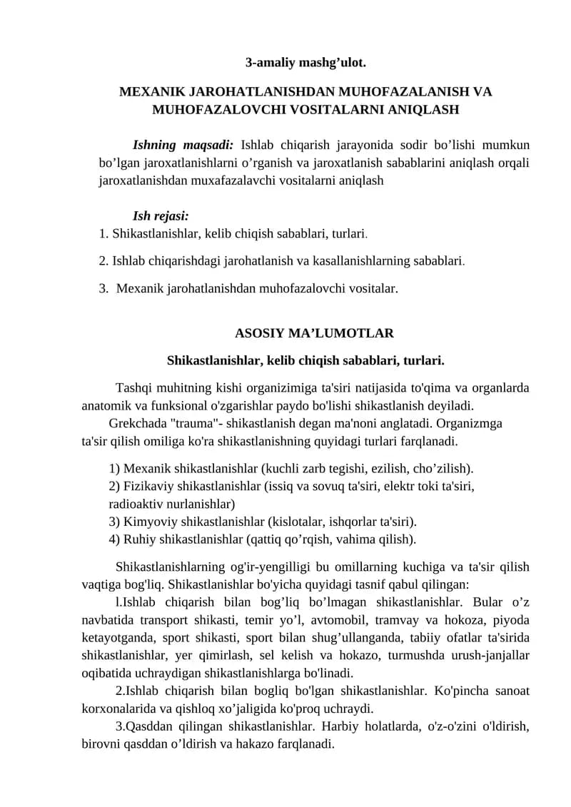 Mexanik jarohatlanishdan muhofazalanish va muhofazalovchi vositalarni aniqlash