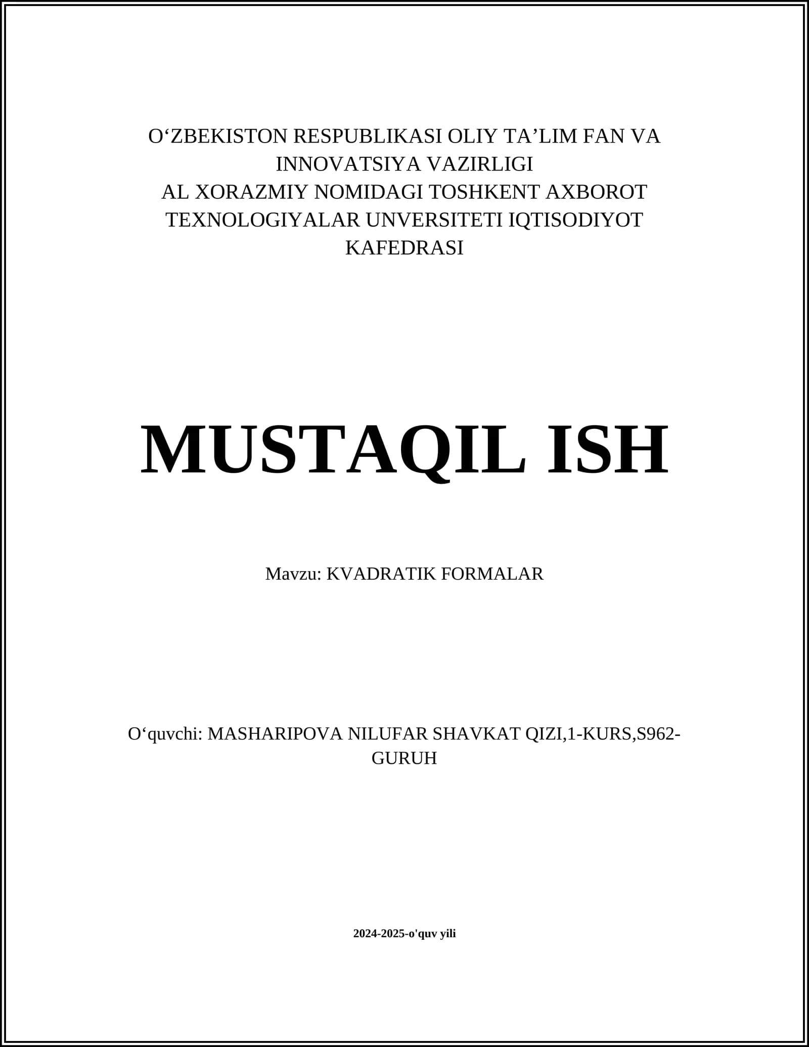 KVADRATIK FORMALAR