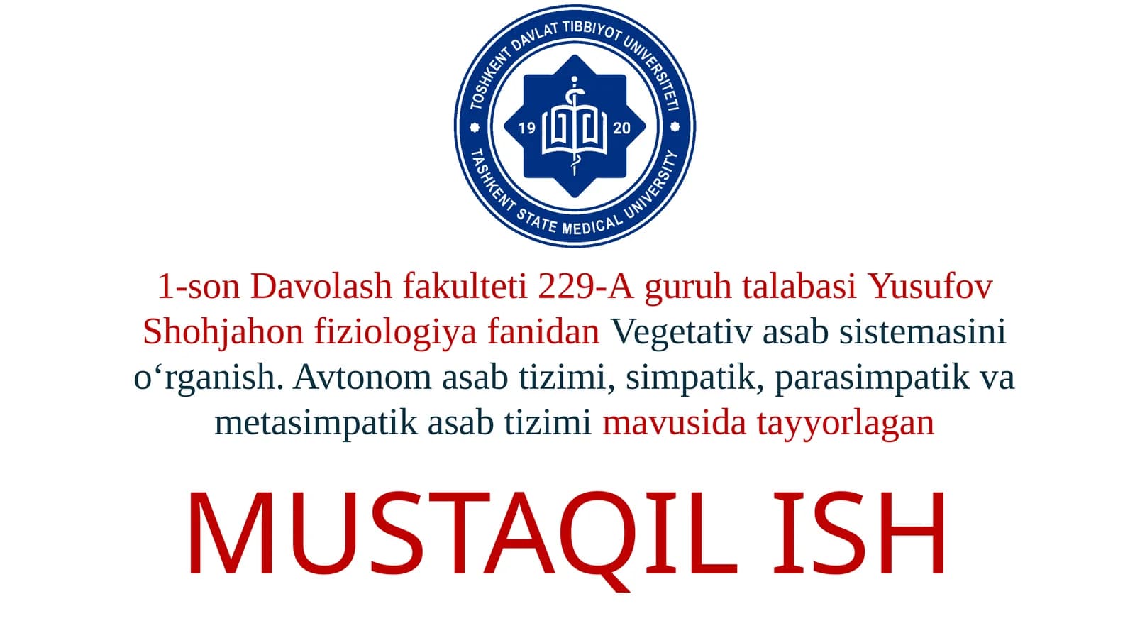 Avtonom asab tizimi, simpatik, parasimpatik va metasimpatik asab tizimi.