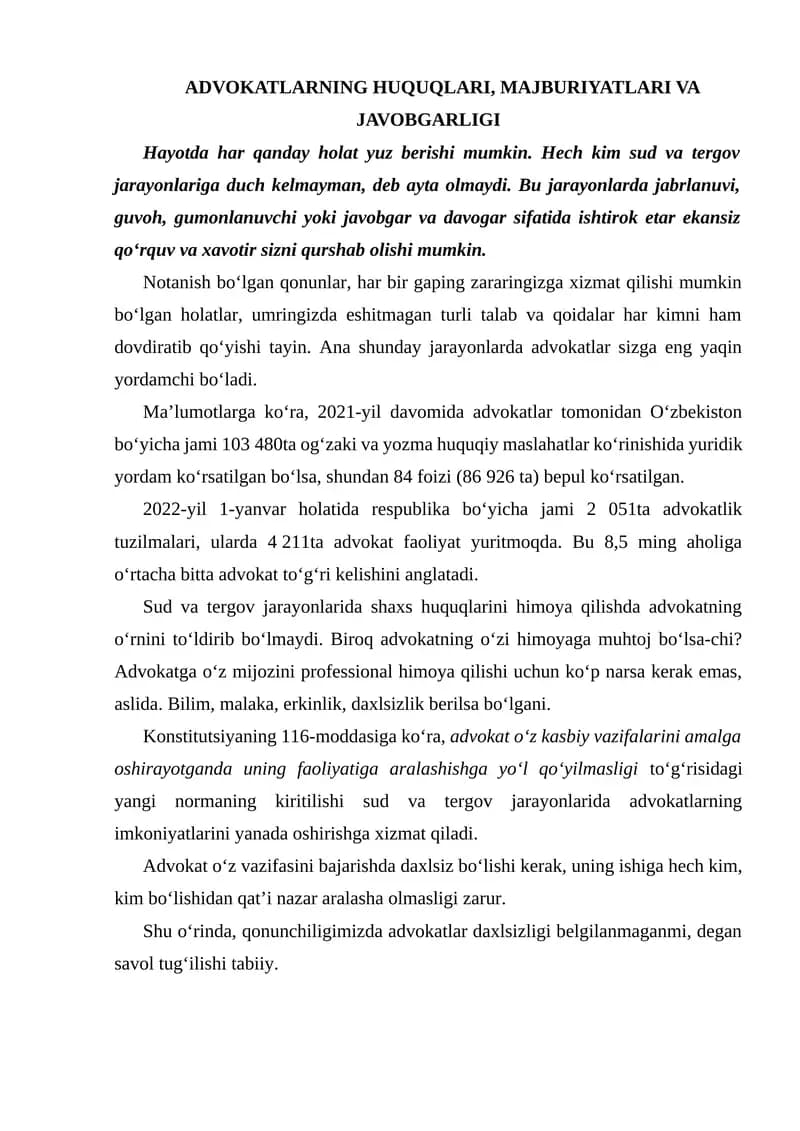 Advokatlarning huquqlari, majburiyatlari va javobgarligi
