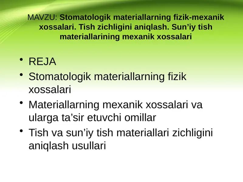 Stomatologik materiallarning fizik-mexanik xossalari. Tish zichligini aniqlash. Sun’iy tish materiallarining mexanik xossalari