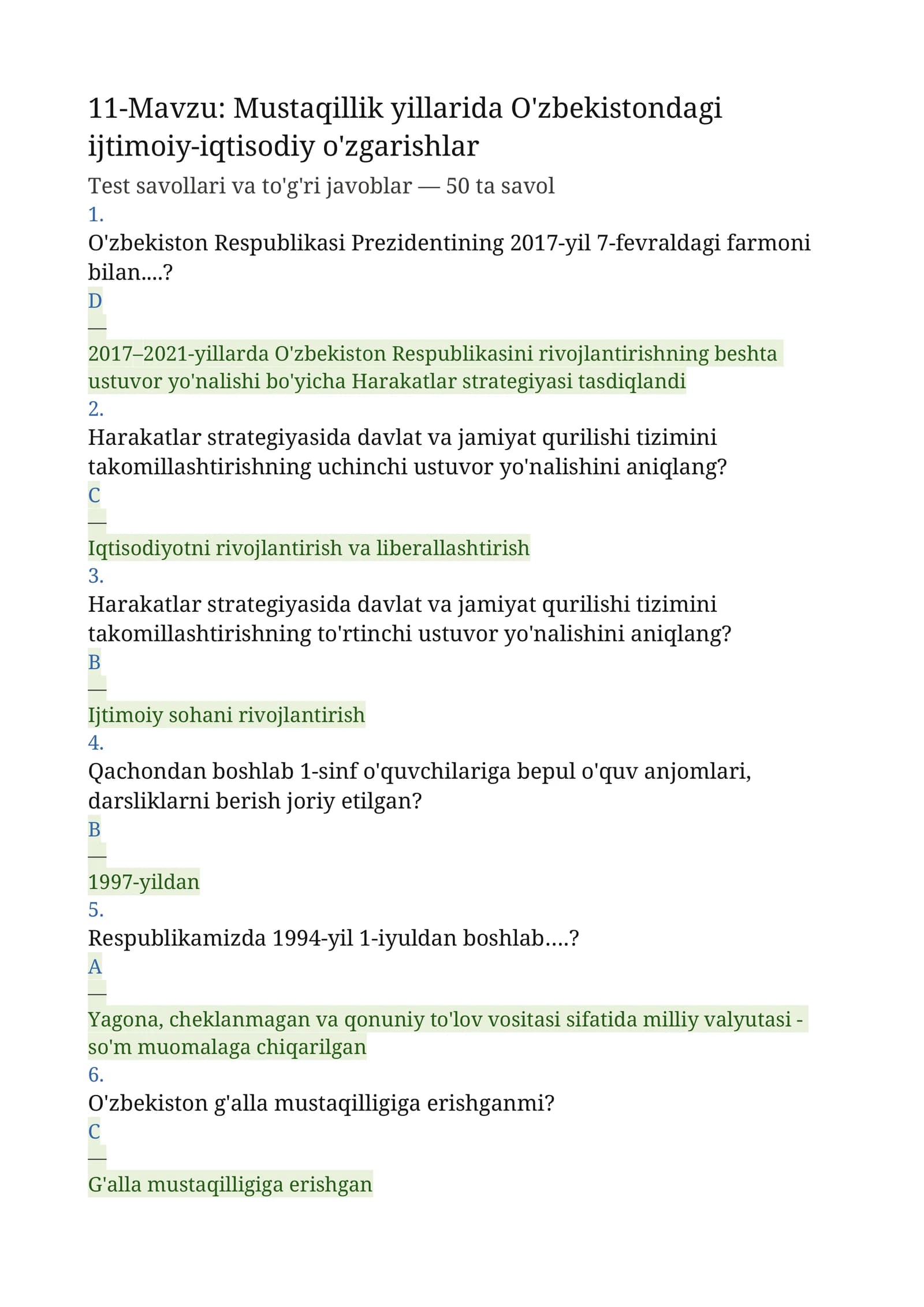 Mustaqillik yillarida O'zbekistondagi ijtimoiy-iqtisodiy o'zgarishlar