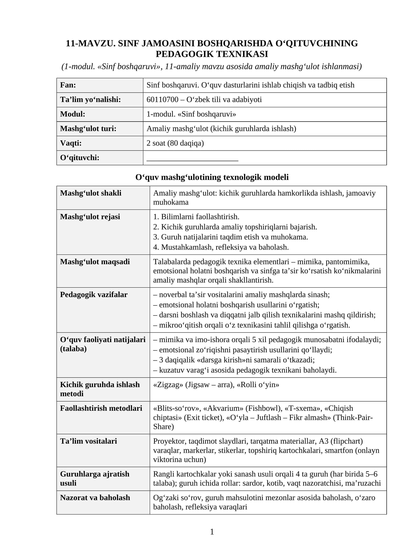 SINF JAMOASINI BOSHQARISHDA O‘QITUVCHINING PEDAGOGIK TEXNIKASI