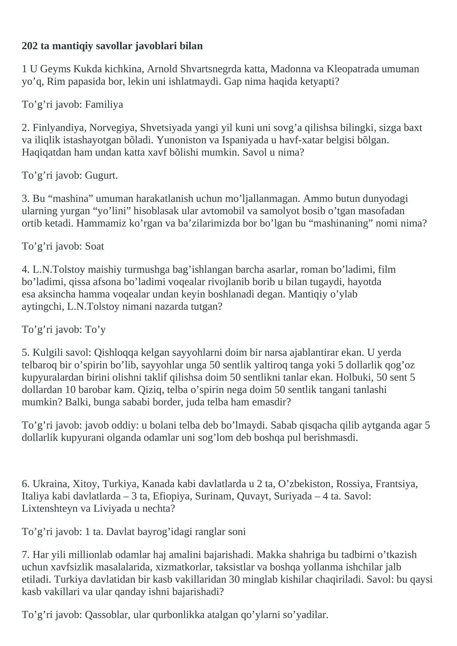 Mantiqiy savollar 202 ta javoblari bilan
