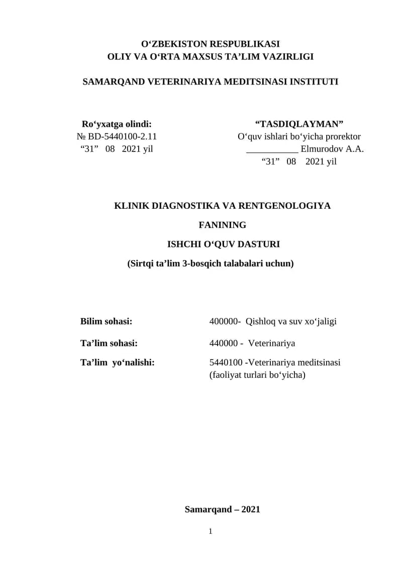 KLINIK DIAGNOSTIKA VA RENTGENOLOGIYA FANINING ISHCHI OʻQUV DASTURI (Sirtqi ta’lim 3-bosqich talabalari uchun)