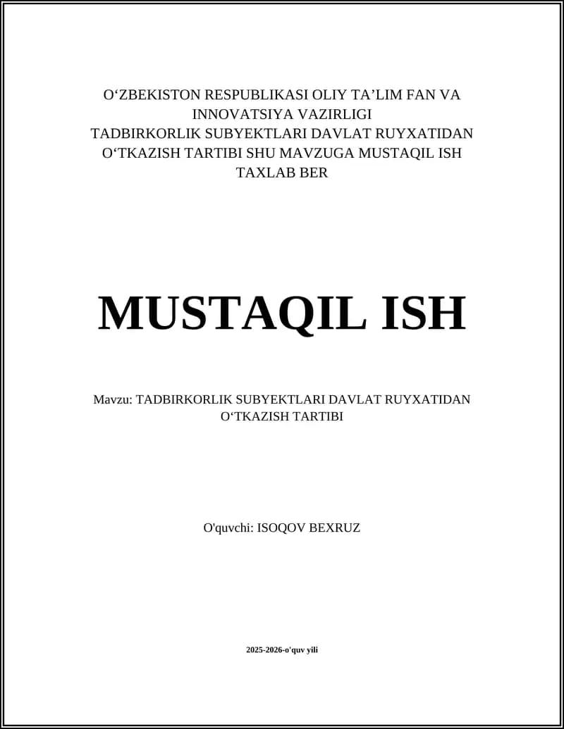 Tadbirkorlik subyektlari davlat ruyxatidan oʻtkazish tartibi