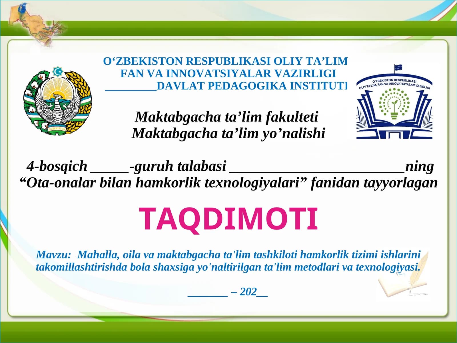 Mahalla, oila va maktabgacha ta'lim tashkiloti hamkorlik tizimi ishlarini takomillashtirishda bola shaxsiga yo'naltirilgan ta'lim metodlari va texnologiyasi - 24 sahifa