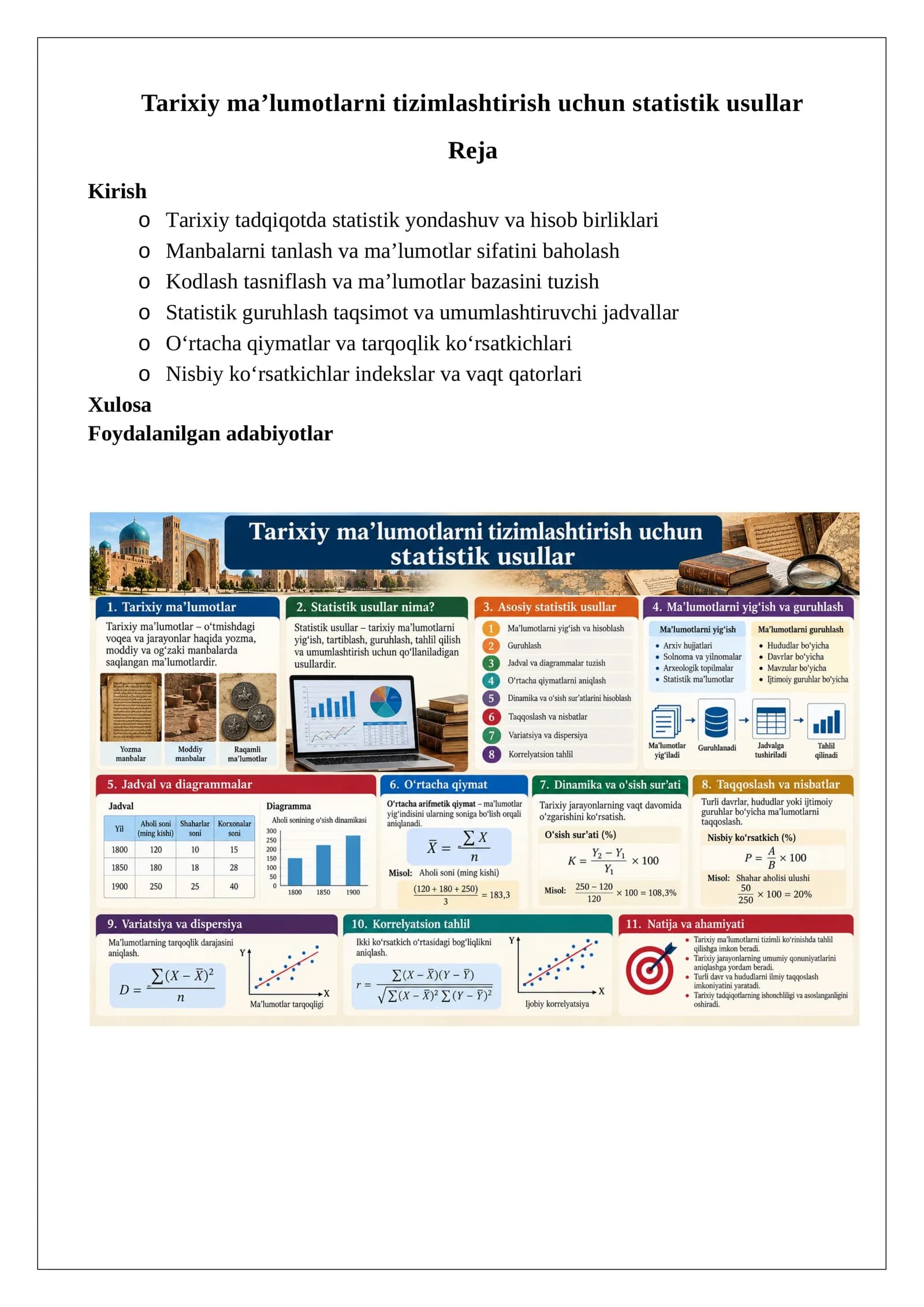 Tarixiy ma’lumotlarni tizimlashtirish uchun statistik usullar
