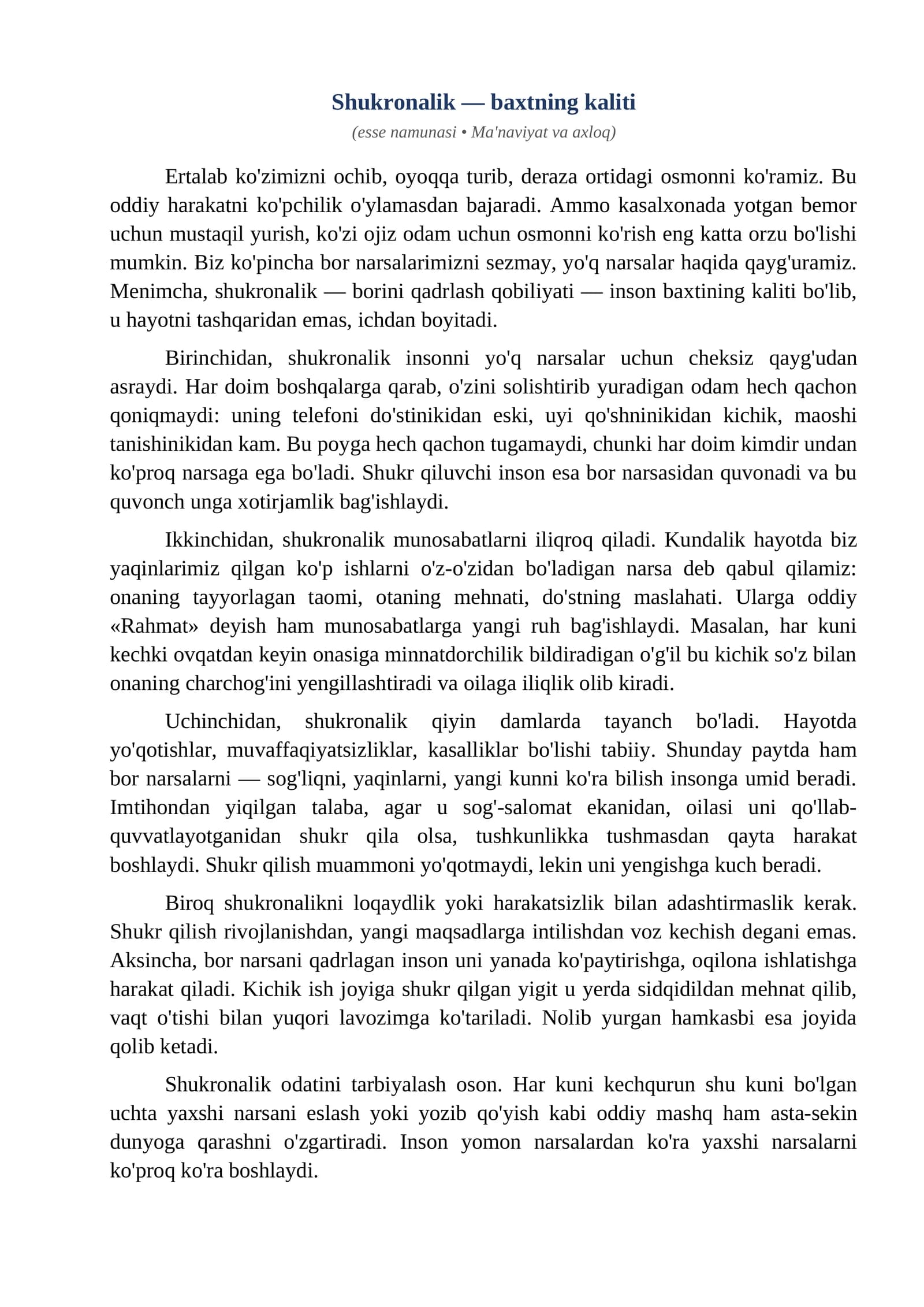 Esse Shukronalik baxtning kaliti