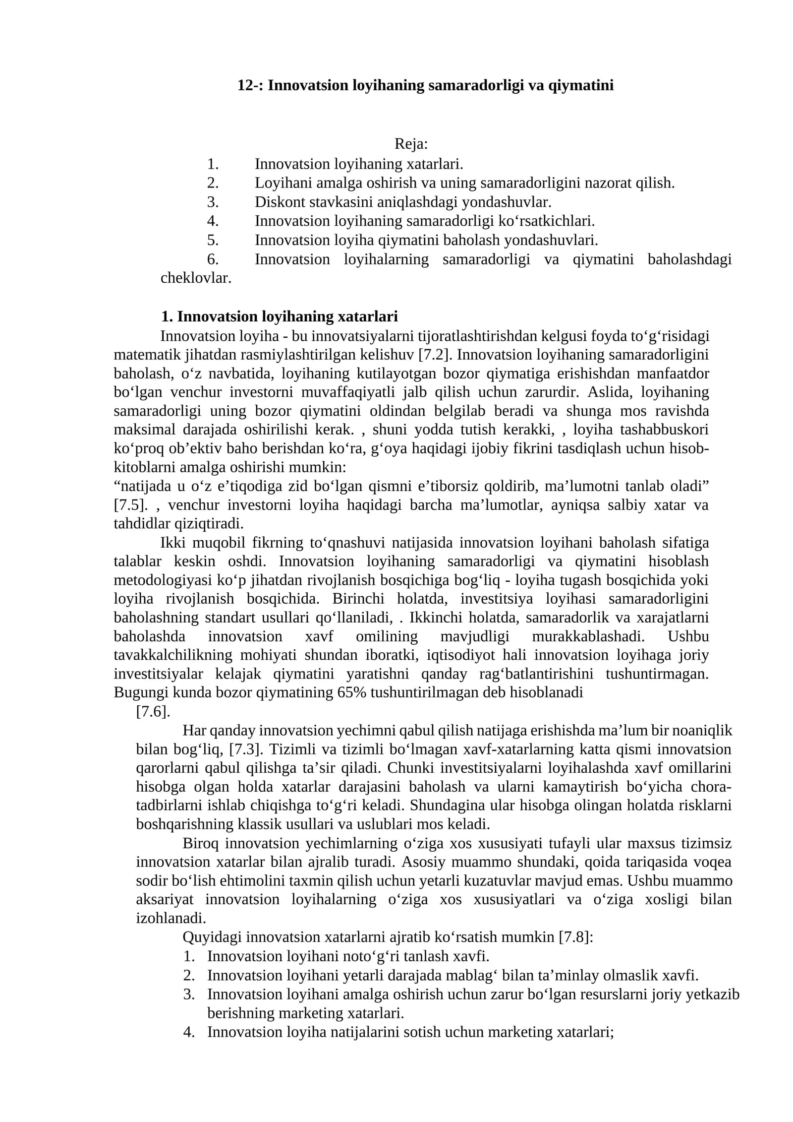 Innovatsion loyihaning samaradorligi va qiymatini