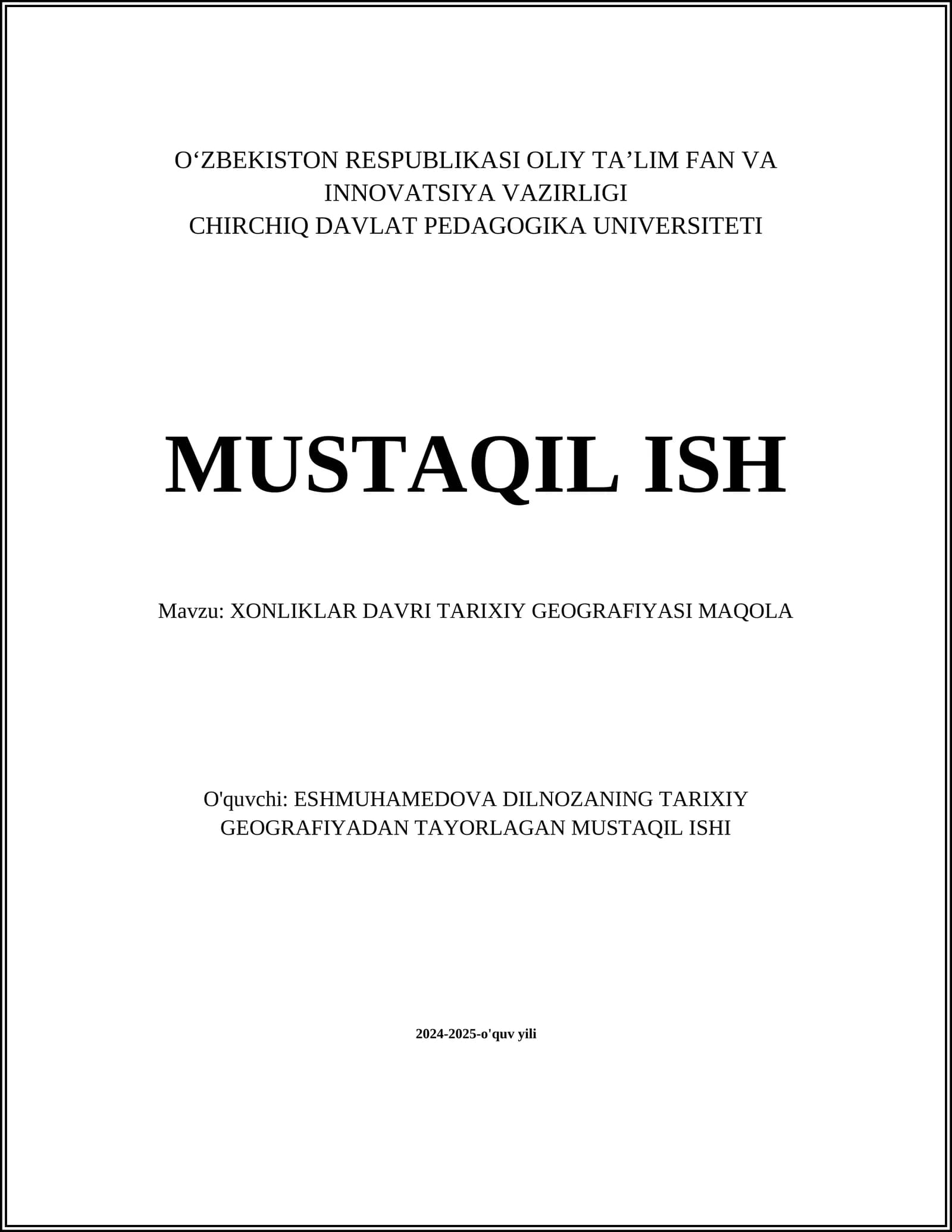 XONLIKLAR DAVRI TARIXIY GEOGRAFIYASI MAQOLA