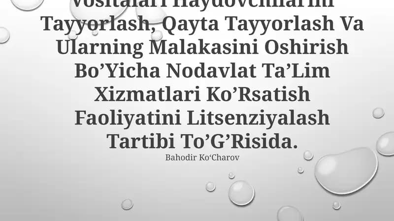 Avtomototransport Vositalari Va Shahar Elektr Transporti Vositalari Haydovchilarini Tayyorlash, Qayta Tayyorlash Va Ularning Malakasini Oshirish Bo’Yicha Nodavlat Ta’Lim Xizmatlari Ko’Rsatish Faoliyatini Litsenziyalash Tartibi To’G’Risida