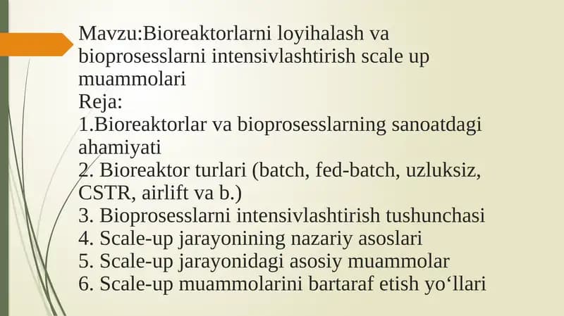Bioreaktorlar va Bioprosesslarni Intensivlashtirish