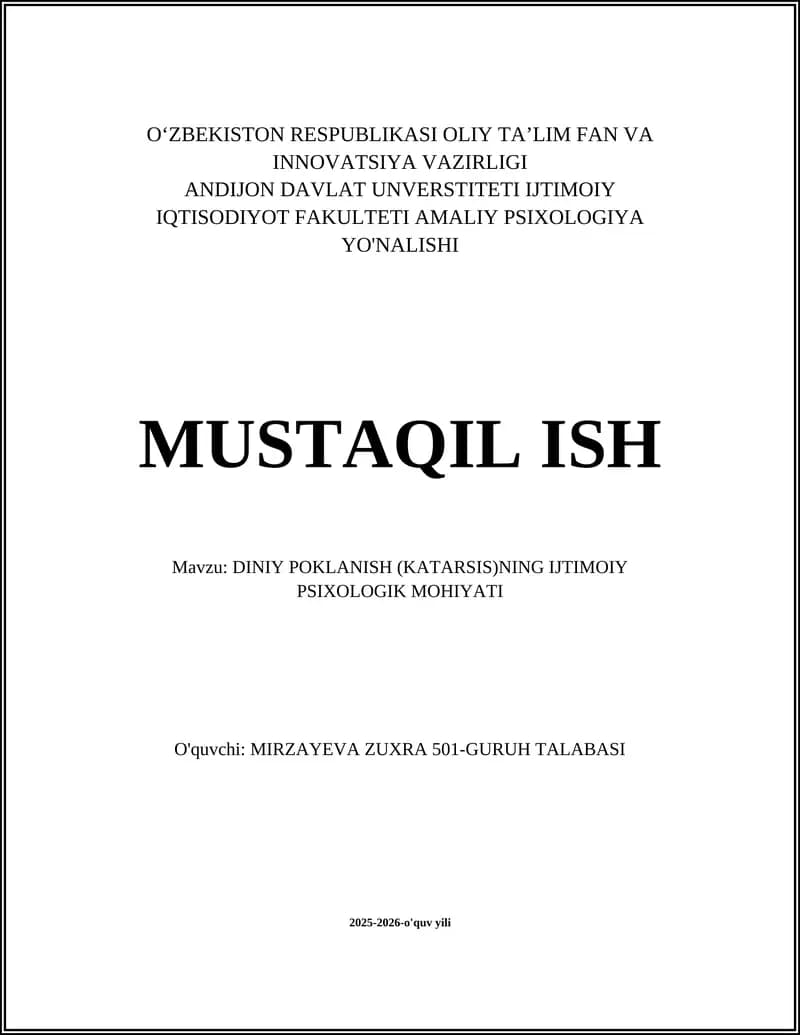 DINIY POKLANISH (KATARSIS)NING IJTIMOIY PSIXOLOGIK MOHIYATI