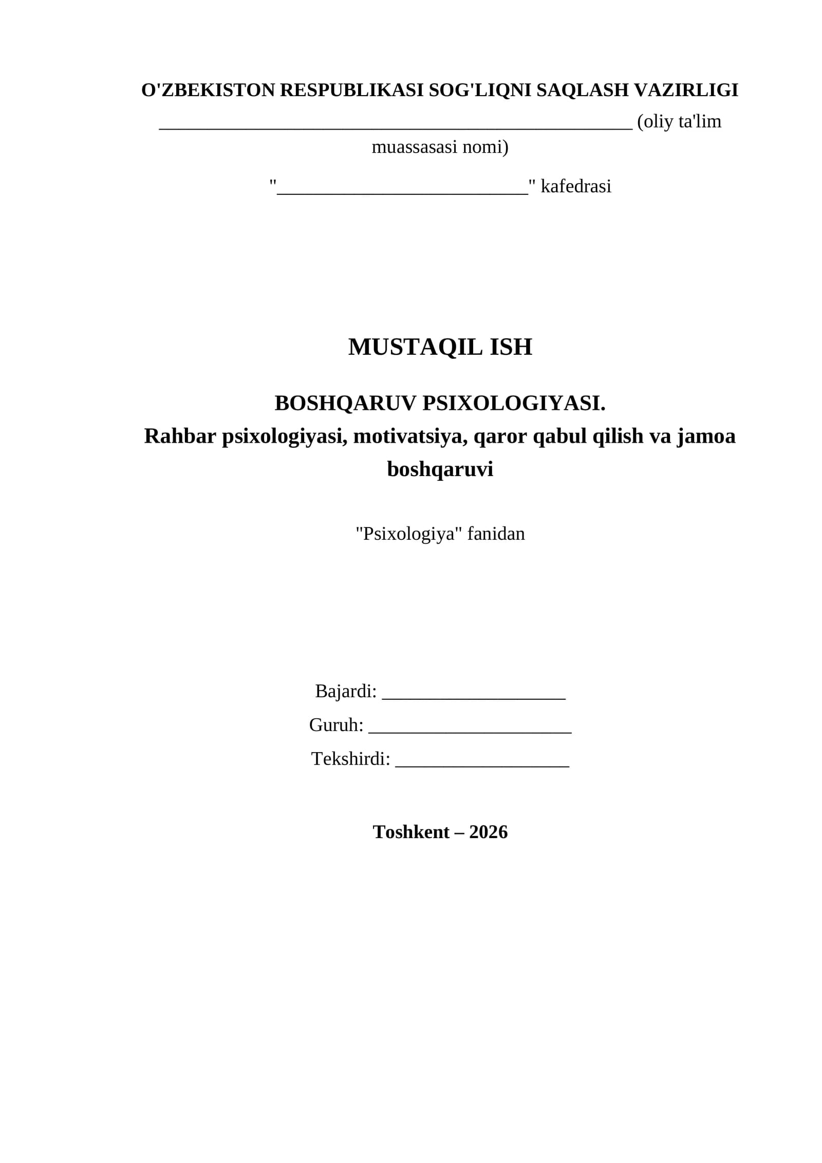 MUSTAQIL ISH - BOSHQARUV PSIXOLOGIYASI