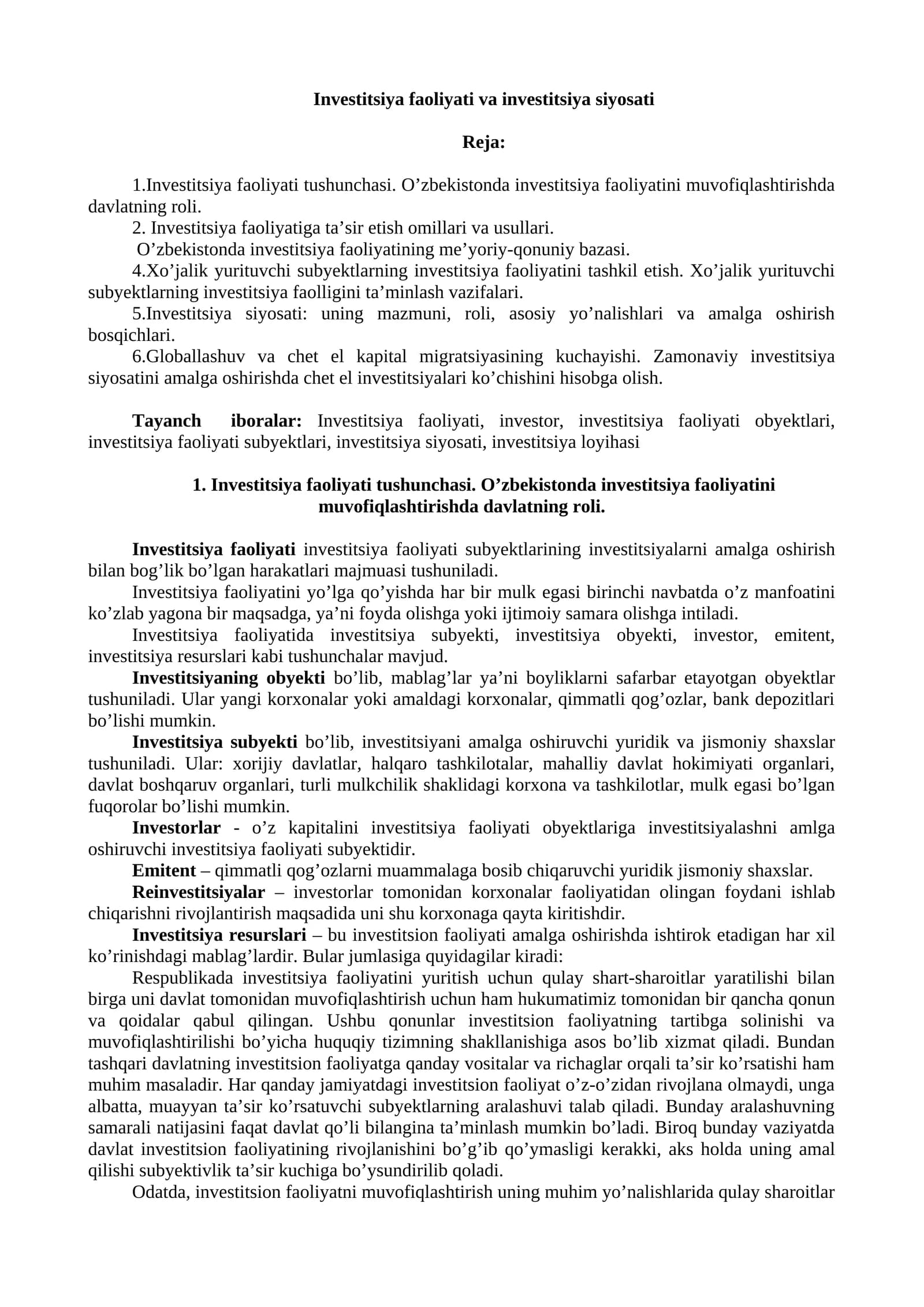 Investitsiya faoliyati va investitsiya siyosati
