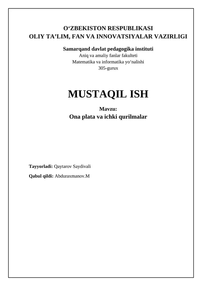 Ona plata va ichki qurilmalar