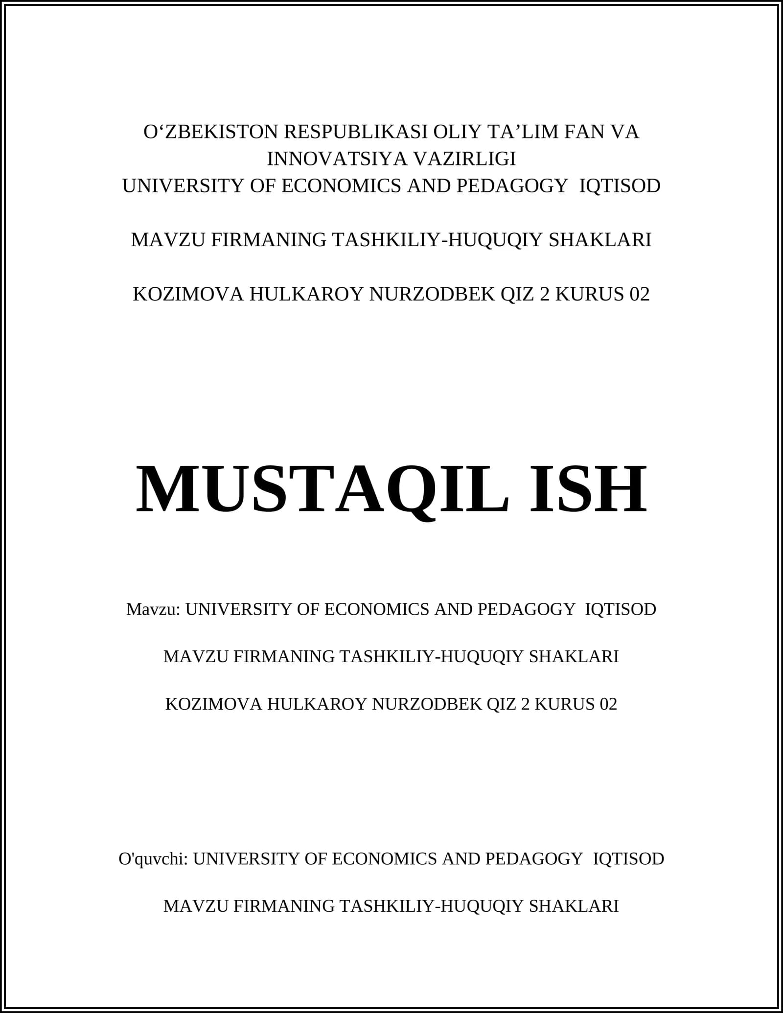 UNIVERSITY OF ECONOMICS AND PEDAGOGY IQTISOD