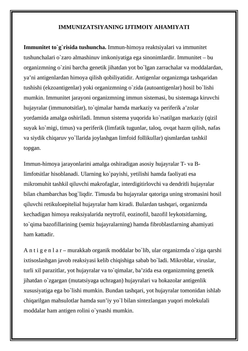 Immunizatsiyani Ijtimoiy Ahamiyati