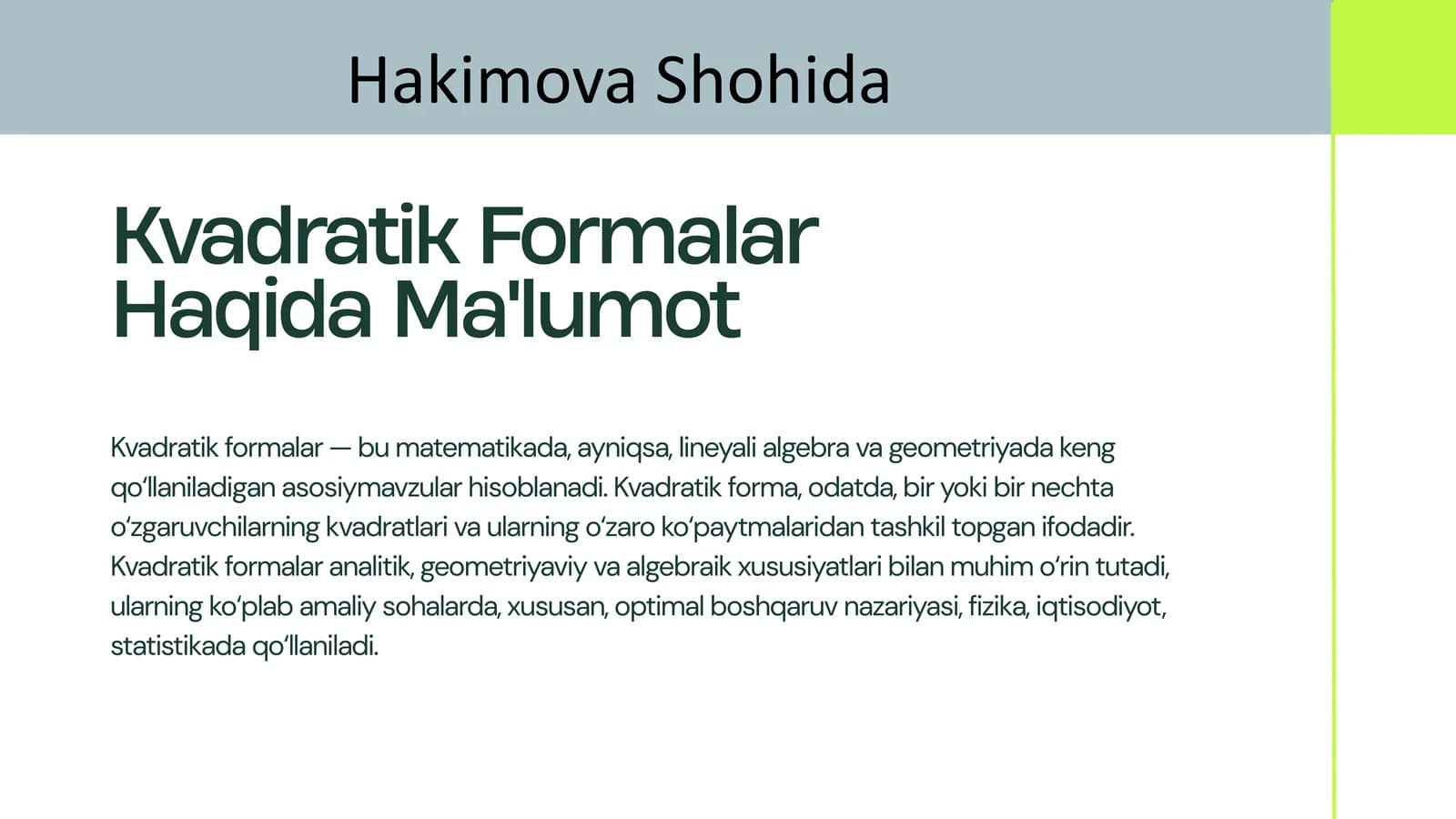 Kvadratik Formalar Haqida Ma'lumot
