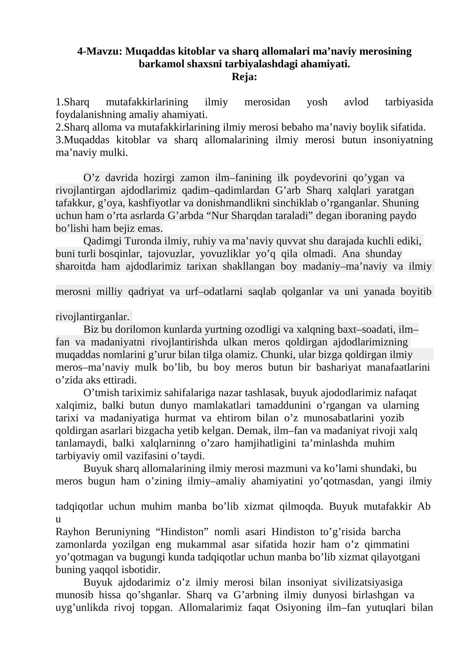 Muqaddas kitoblar va sharq allomalari ma’naviy merosining barkamol shaxsni tarbiyalashdagi ahamiyati